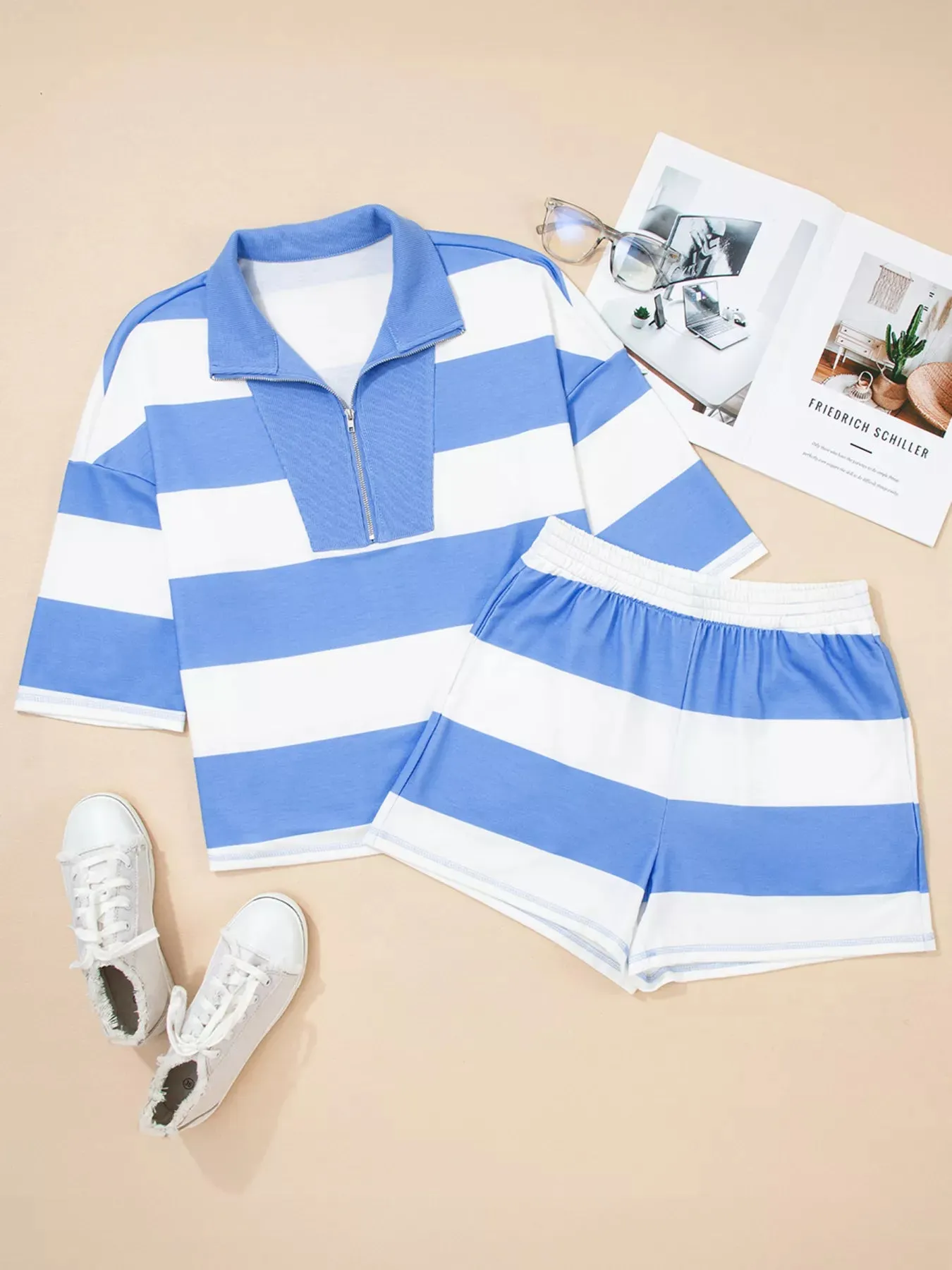 Stripe Seam Detail Half Zip Oversize Tee Casual Shorts 2pcs Set sold by Charming Charlie product image thumbnail 3