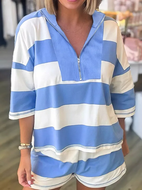 Stripe Seam Detail Half Zip Oversize Tee Casual Shorts 2pcs Set sold by Charming Charlie