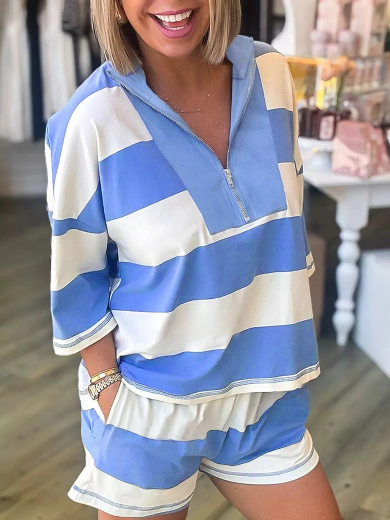 Stripe Seam Detail Half Zip Oversize Tee Casual Shorts 2pcs Set sold by Charming Charlie product image thumbnail 2