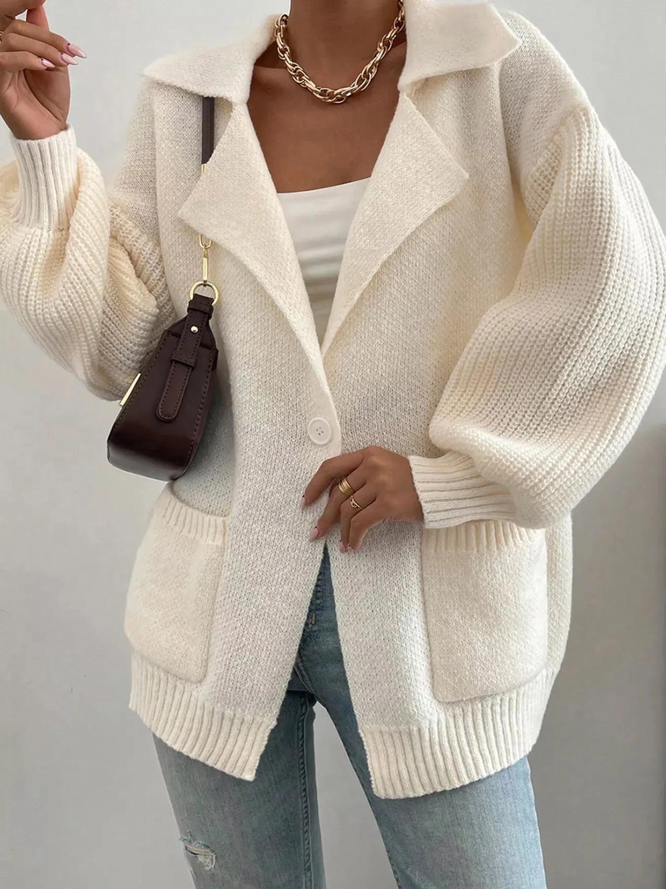 Solid Color Knit Lapel Collar Single Button Sweater Cardigan sold by Charming Charlie product image thumbnail 2