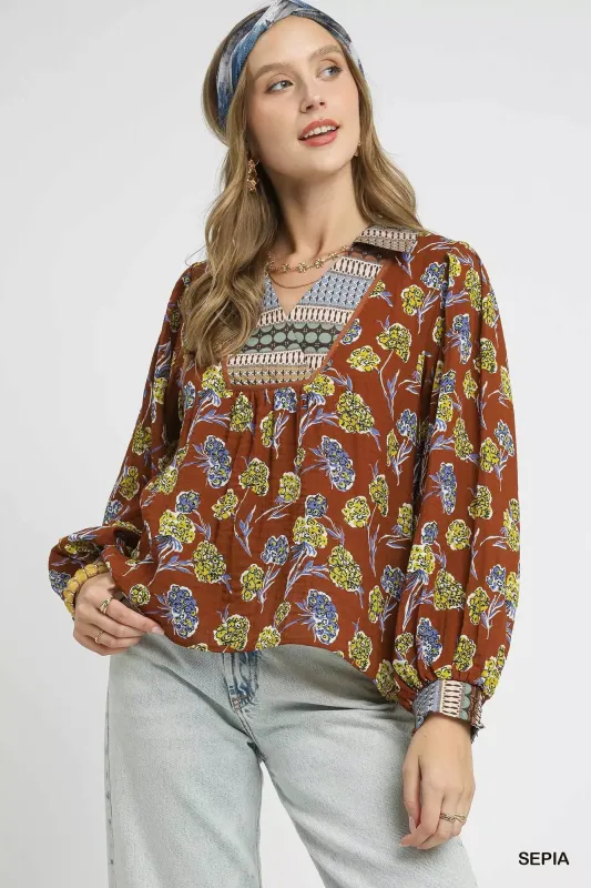 Umgee Floral Print Collar Blouse sold by Charming Charlie