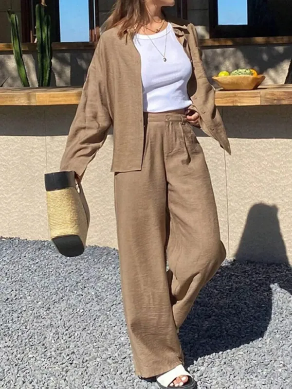 Full Size Relaxed Fit Button Up Shirt and Pants Two-Piece Set Plus Size sold by Charming Charlie