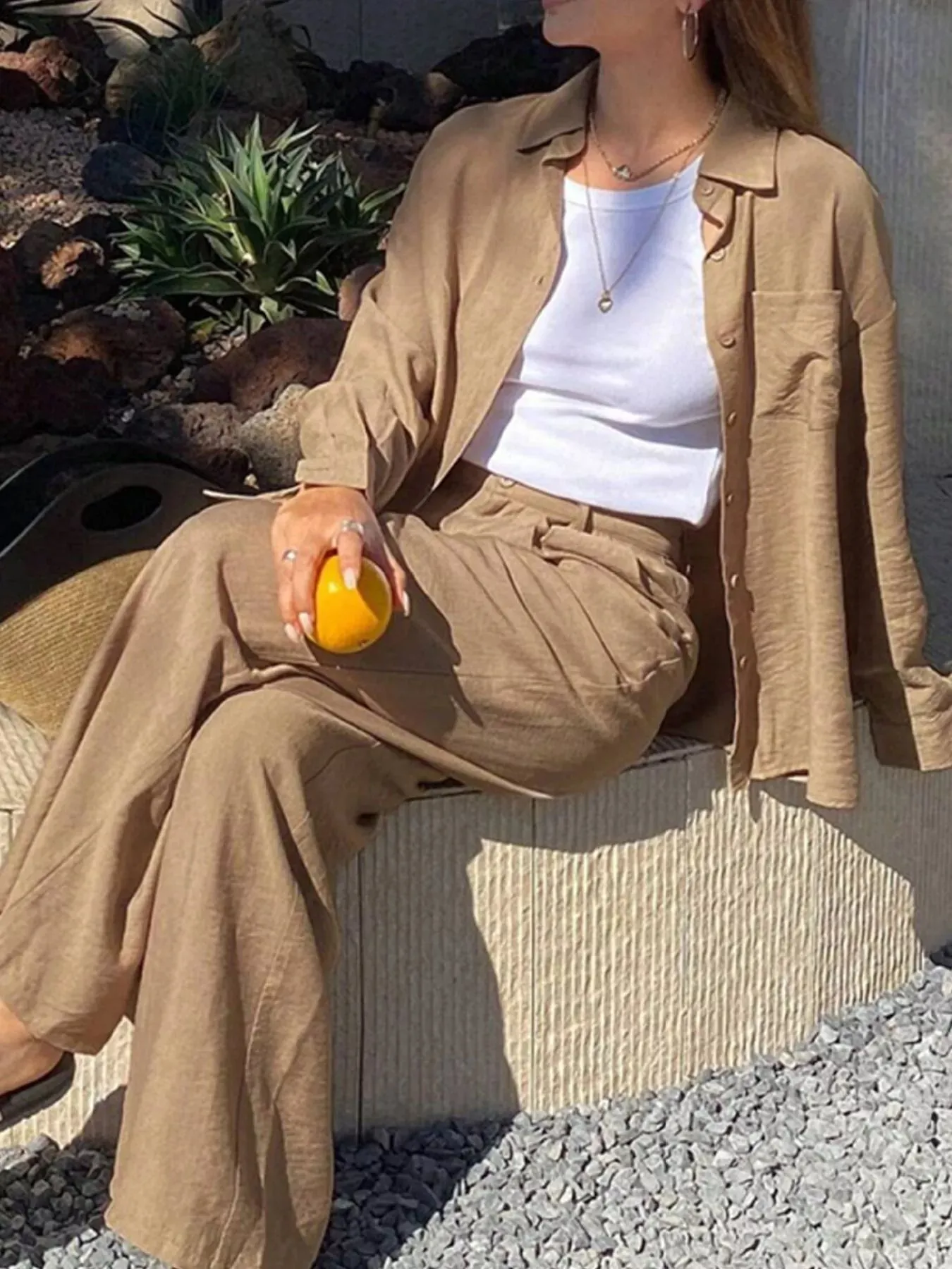 Full Size Relaxed Fit Button Up Shirt and Pants Two-Piece Set Plus Size sold by Charming Charlie product image thumbnail 3