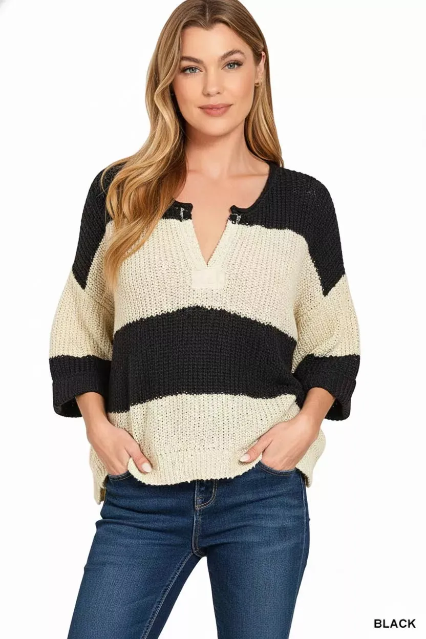 Zenana Split Neck Stripe Sweater sold by Charming Charlie product image thumbnail 2