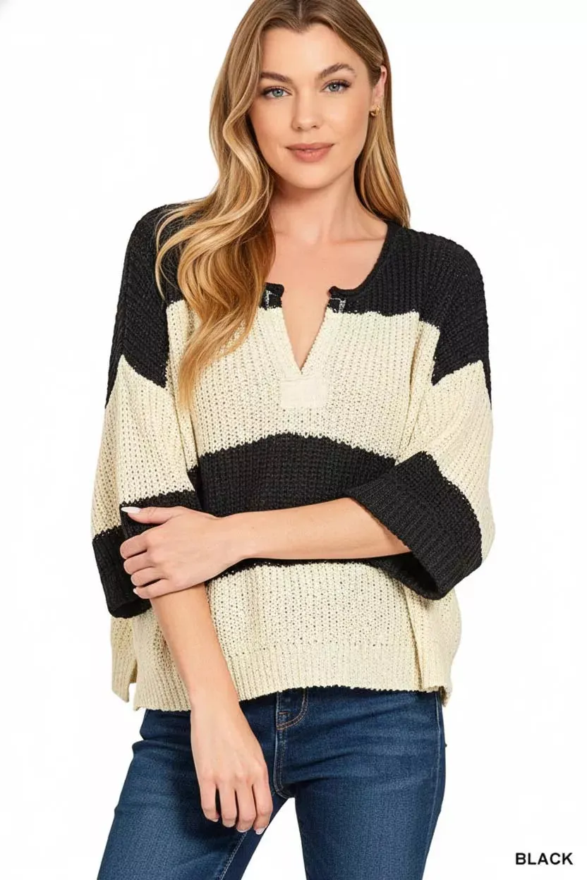 Zenana Split Neck Stripe Sweater sold by Charming Charlie product image thumbnail 3