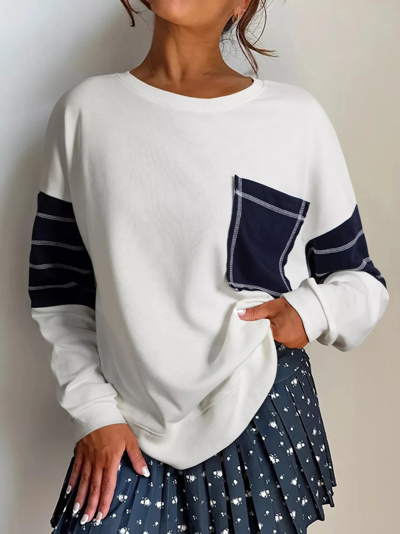 Exposed Seam Detail Color Block Patch Pocket Drop Shoulder Sweatshirt sold by Charming Charlie