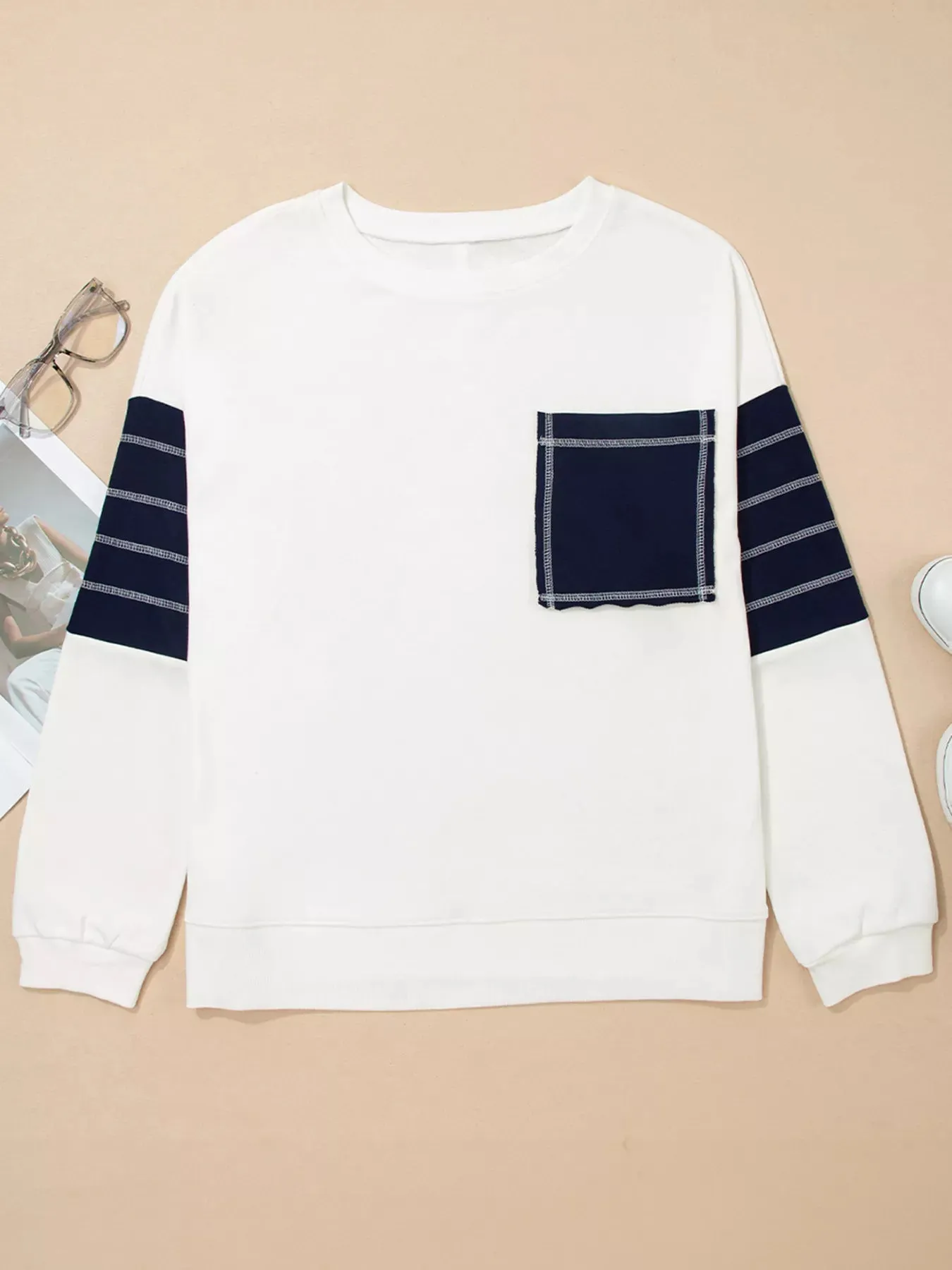 Exposed Seam Detail Color Block Patch Pocket Drop Shoulder Sweatshirt sold by Charming Charlie product image thumbnail 3