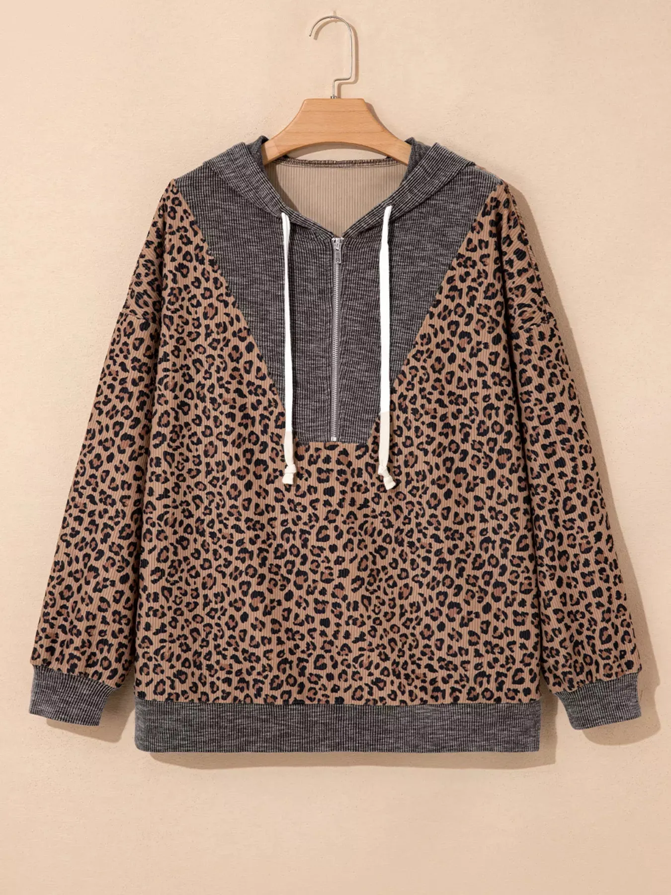 Ribbed Leopard Print Contrast Collar Zip Hoodie sold by Charming Charlie product image thumbnail 3