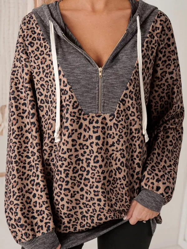 Ribbed Leopard Print Contrast Collar Zip Hoodie sold by Charming Charlie