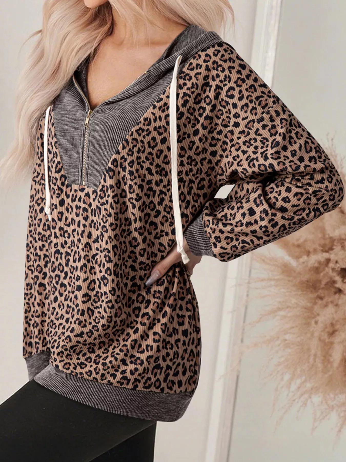 Ribbed Leopard Print Contrast Collar Zip Hoodie sold by Charming Charlie product image thumbnail 2