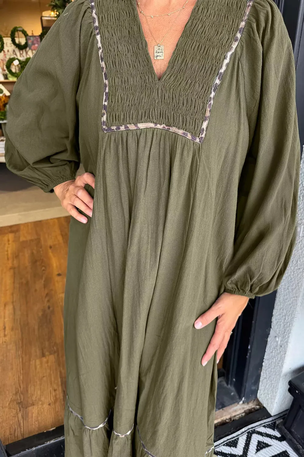 Collared V Neck Smocked Detail Contrast Leopard Trim Dress sold by Charming Charlie product image thumbnail 2