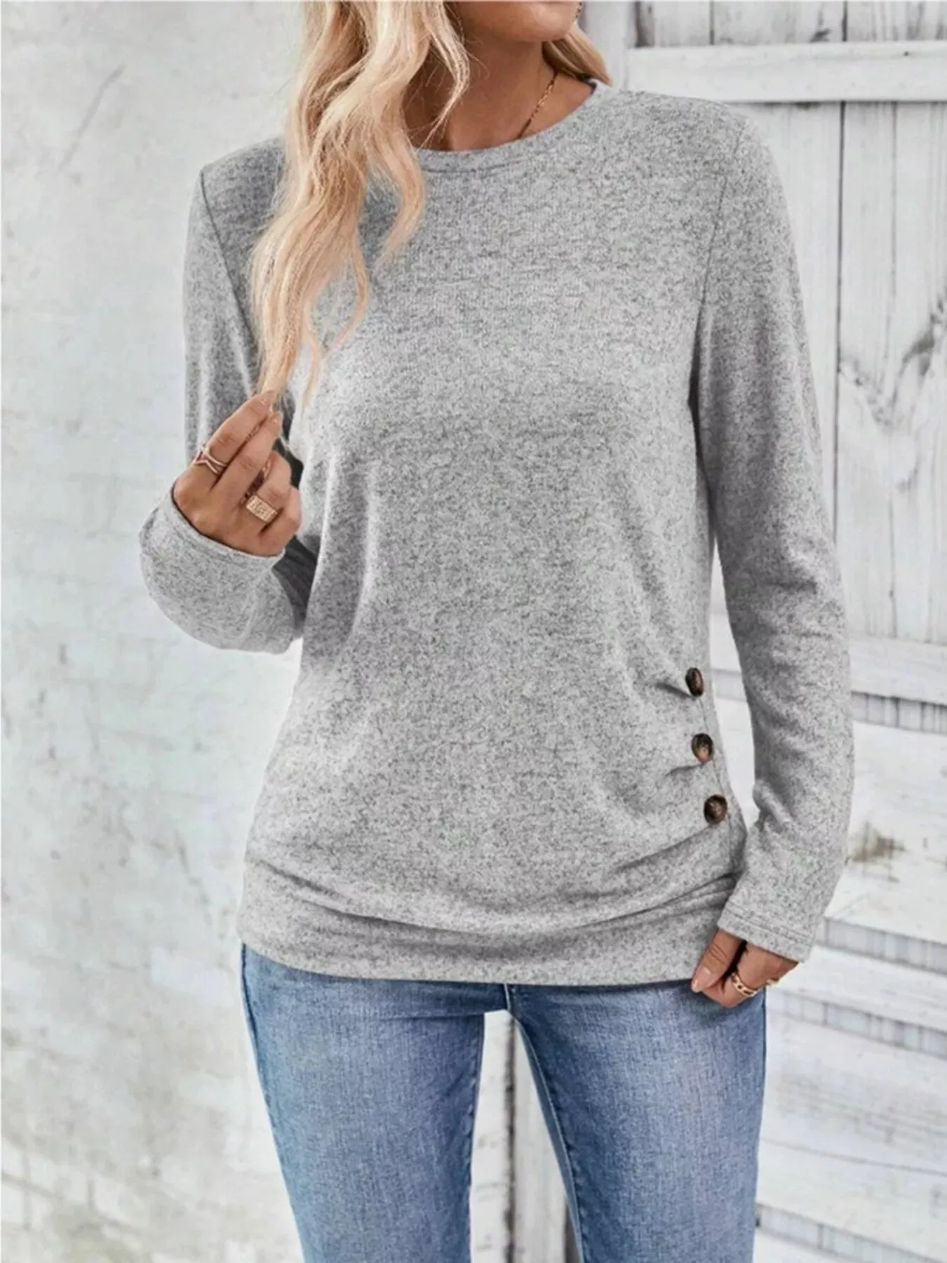 Casual Decor Button Long Sleeve T-Shirt sold by Charming Charlie product image thumbnail 3