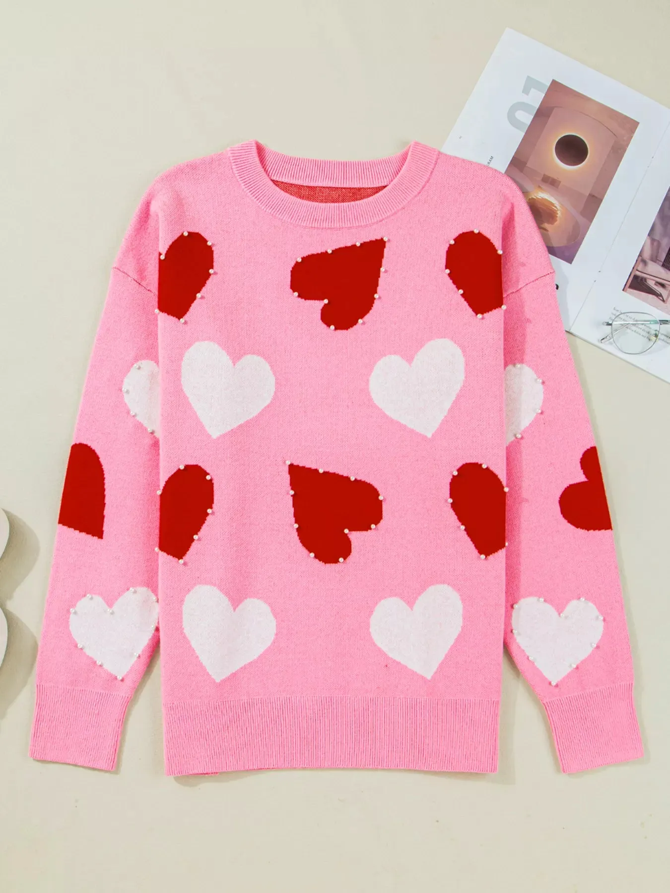 Pearl Embellished Heart Pattern Valentines Day Sweater sold by Charming Charlie product image thumbnail 3