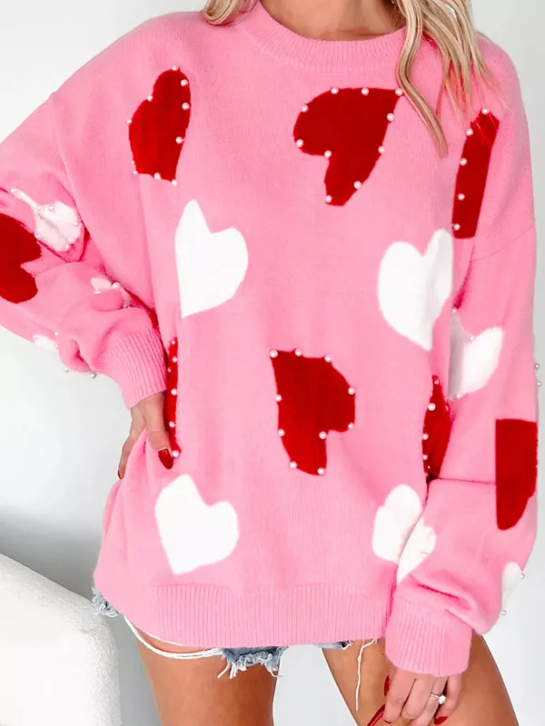 Pearl Embellished Heart Pattern Valentines Day Sweater sold by Charming Charlie