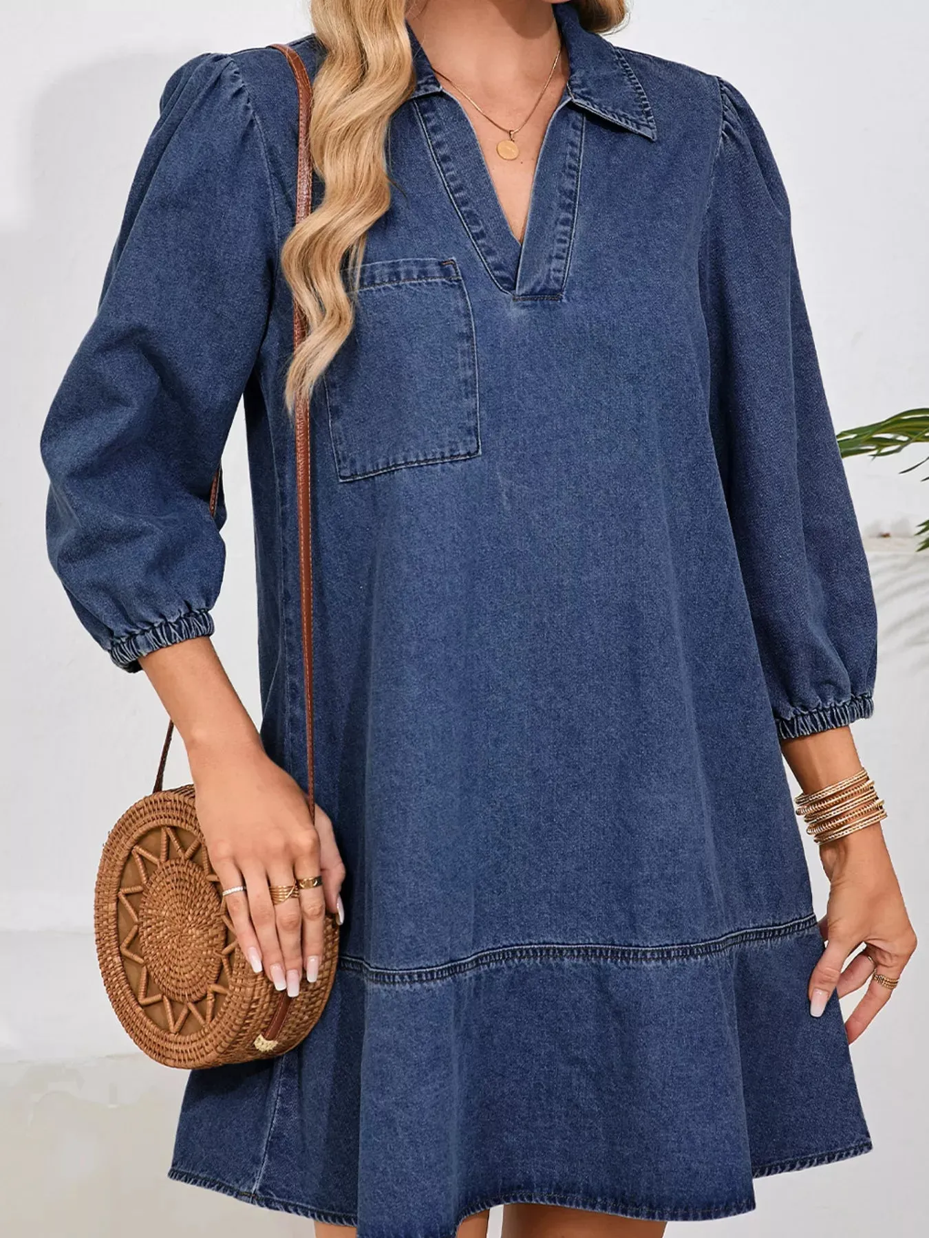V Neck Collared Single Chest Pocket Long Sleeve Denim Dress sold by Charming Charlie product image thumbnail 3