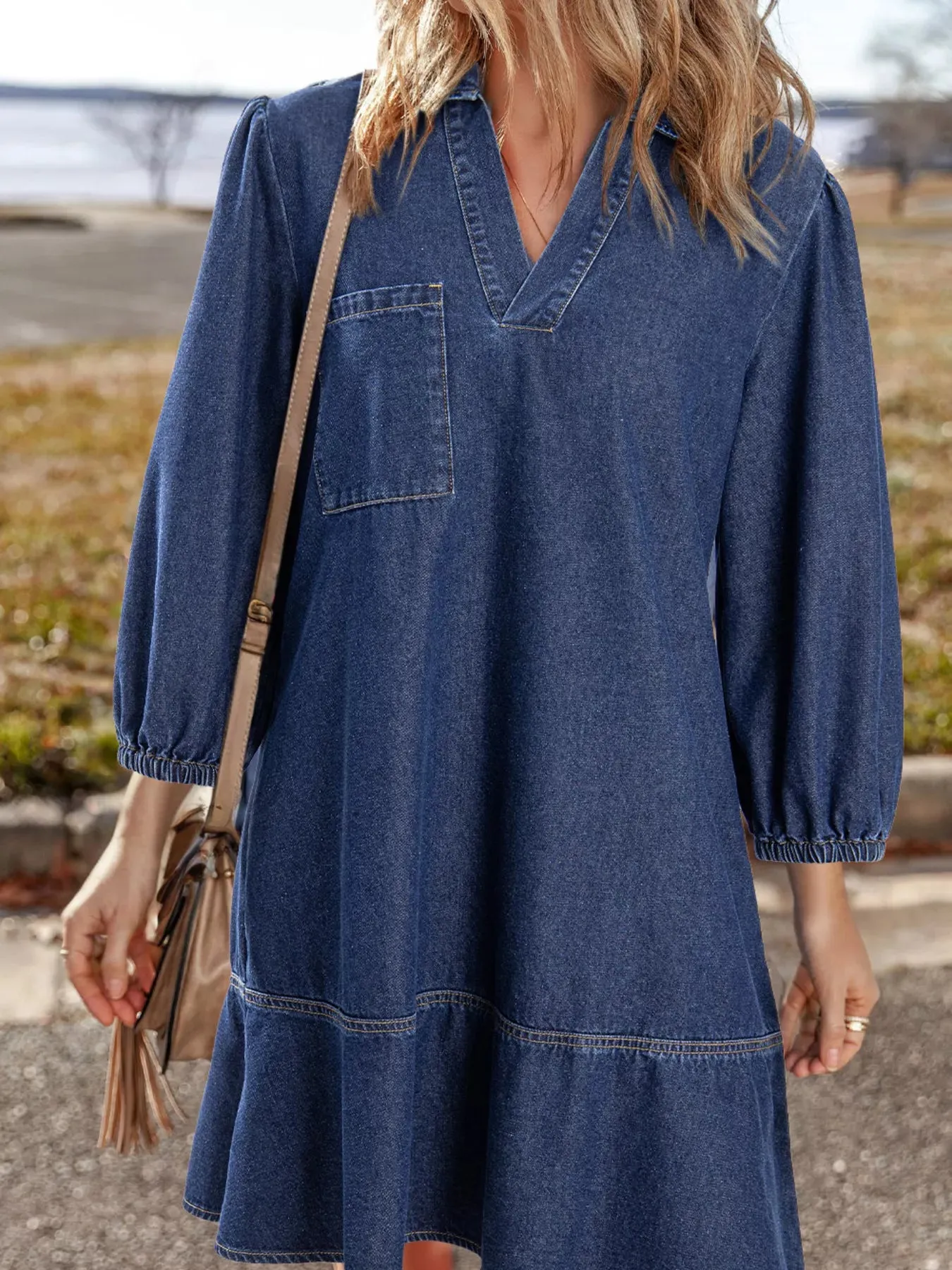 V Neck Collared Single Chest Pocket Long Sleeve Denim Dress sold by Charming Charlie product image thumbnail 4