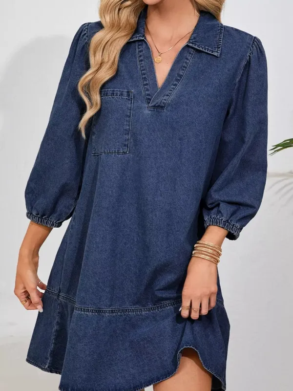 V Neck Collared Single Chest Pocket Long Sleeve Denim Dress sold by Charming Charlie
