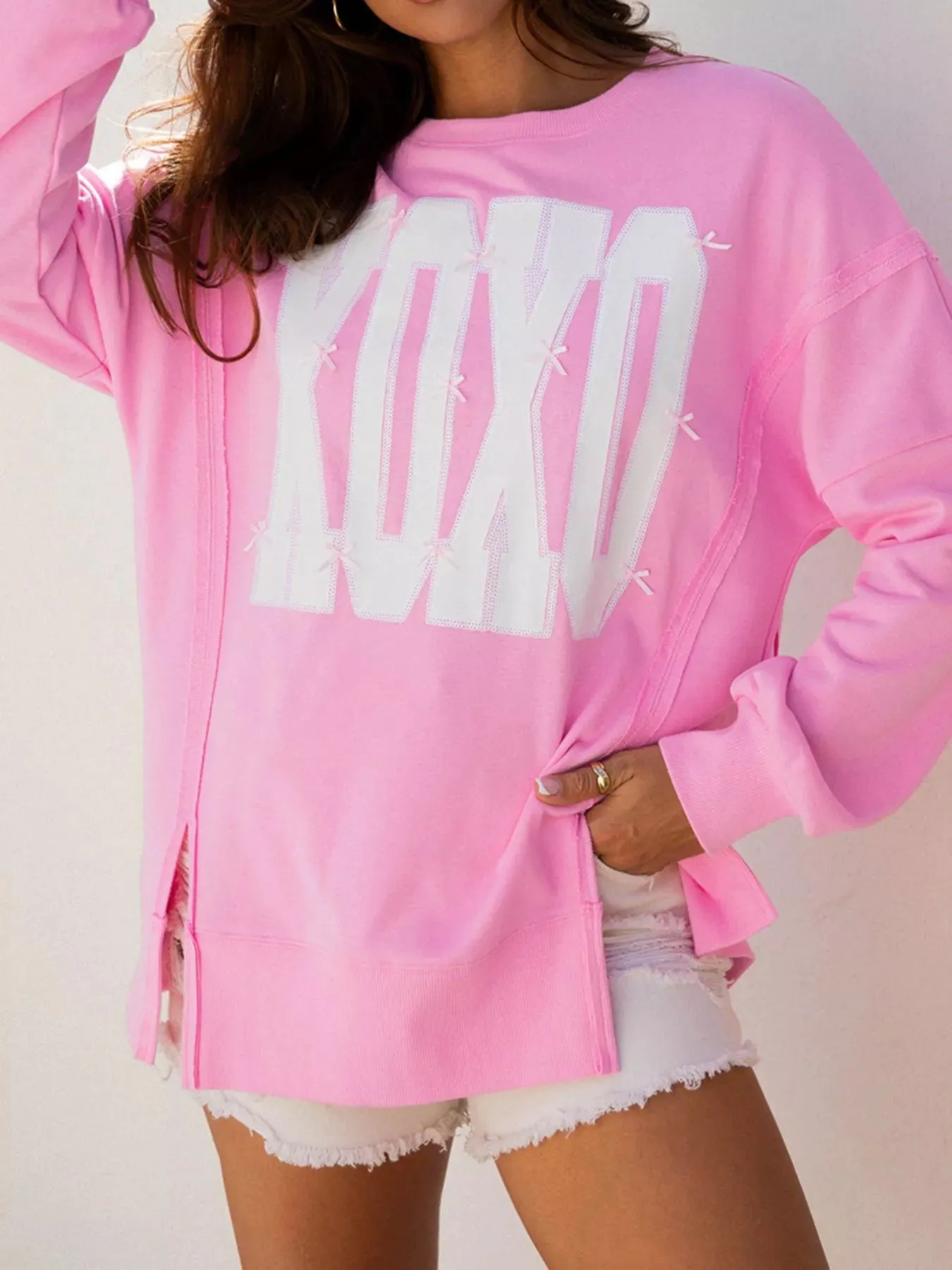 Sequin XOXO Letter Graphic Exposed Seam Baggy Sweatshirt sold by Charming Charlie product image thumbnail 2