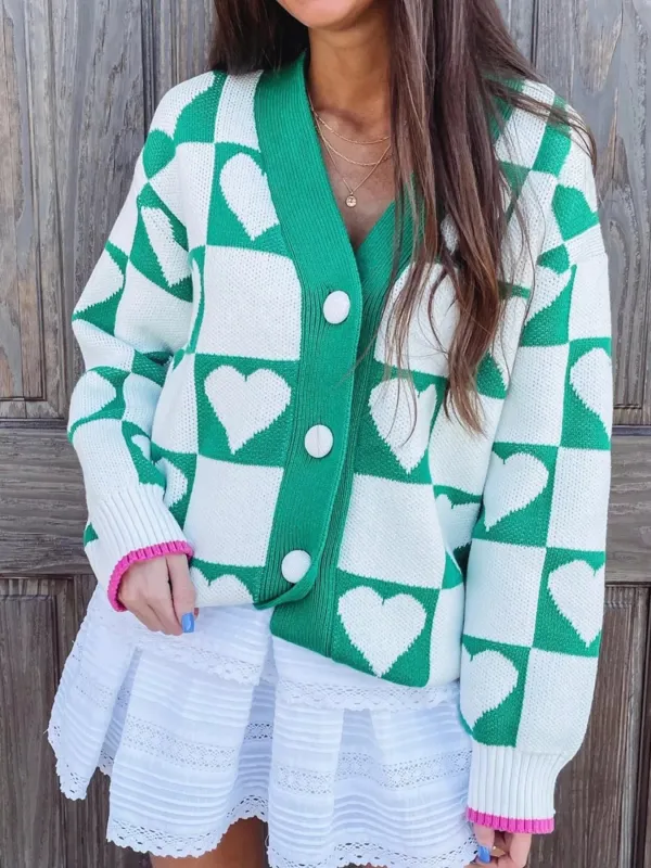 Plaid Heart Knit V Neck Button Down Sweater Cardigan sold by Charming Charlie