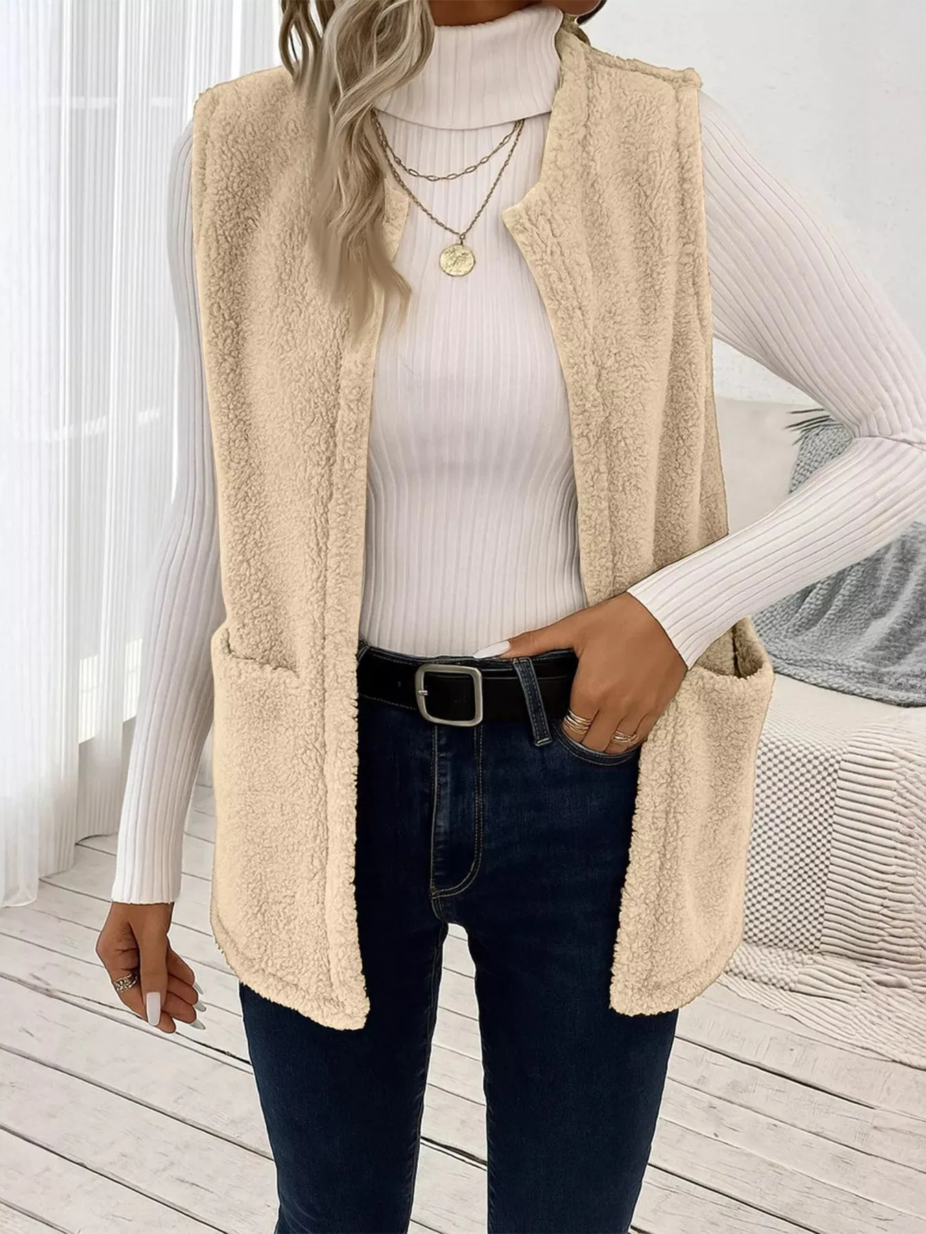 Sleeveless Fuzzy Fleece Vest Coat sold by Charming Charlie