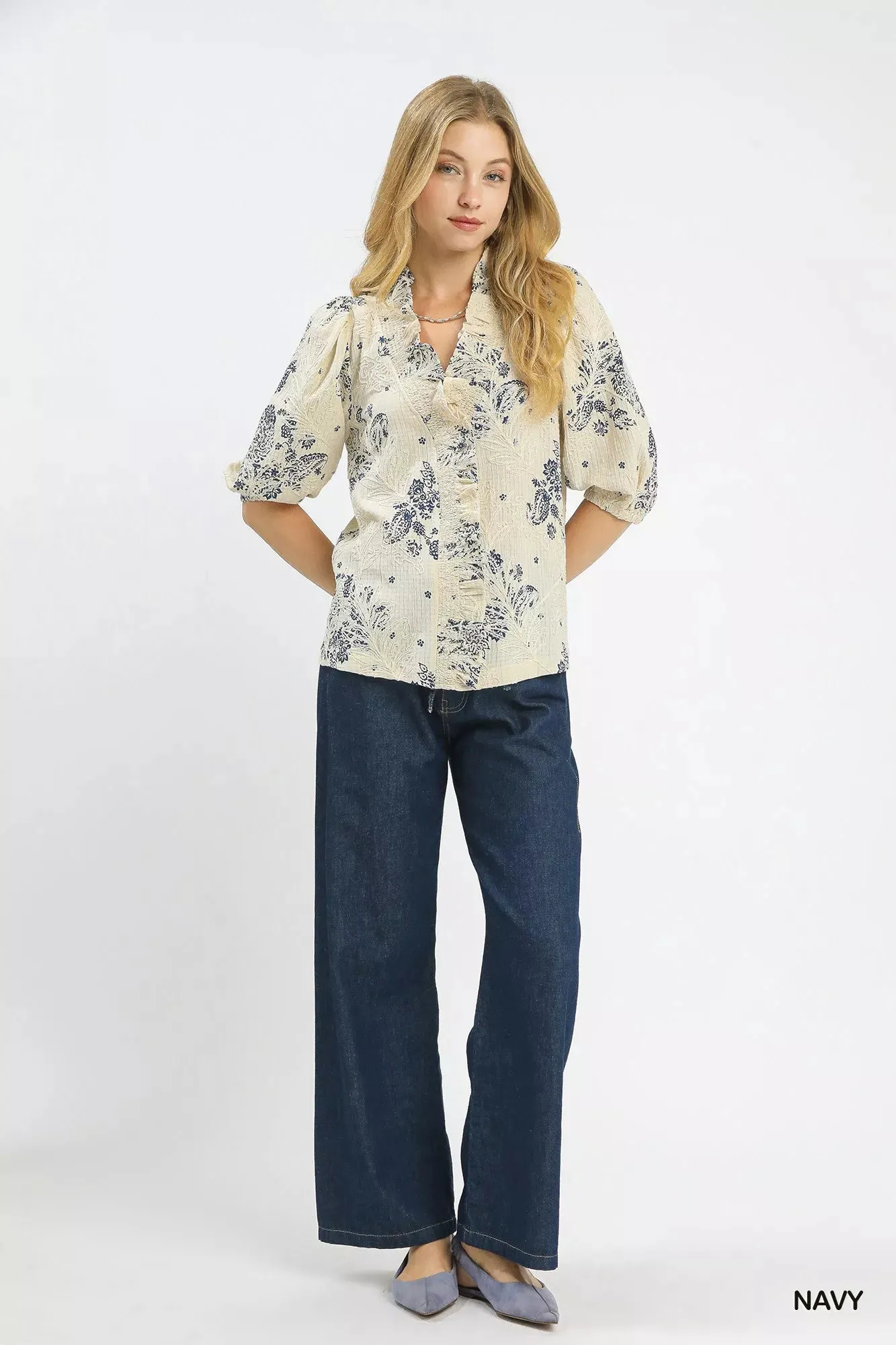 Umgee Floral Embroidered Blouse with Ruffle Trim sold by Charming Charlie product image thumbnail 4