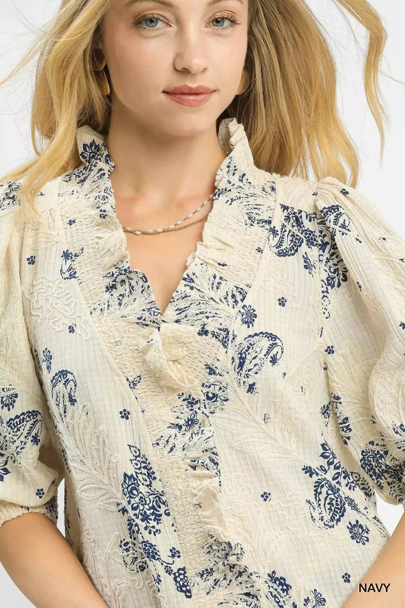 Umgee Floral Embroidered Blouse with Ruffle Trim sold by Charming Charlie product image thumbnail 5