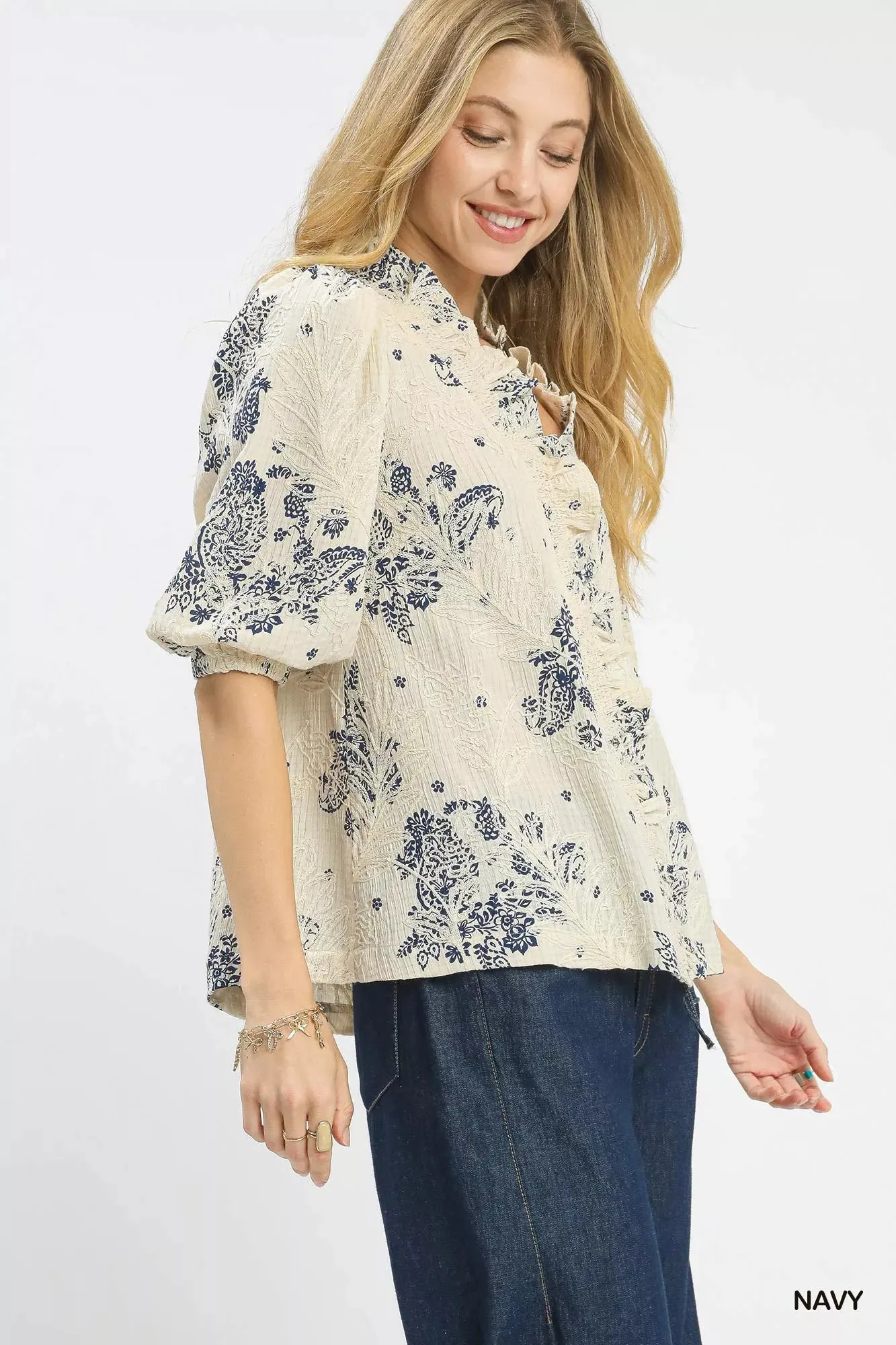 Umgee Floral Embroidered Blouse with Ruffle Trim sold by Charming Charlie product image thumbnail 2