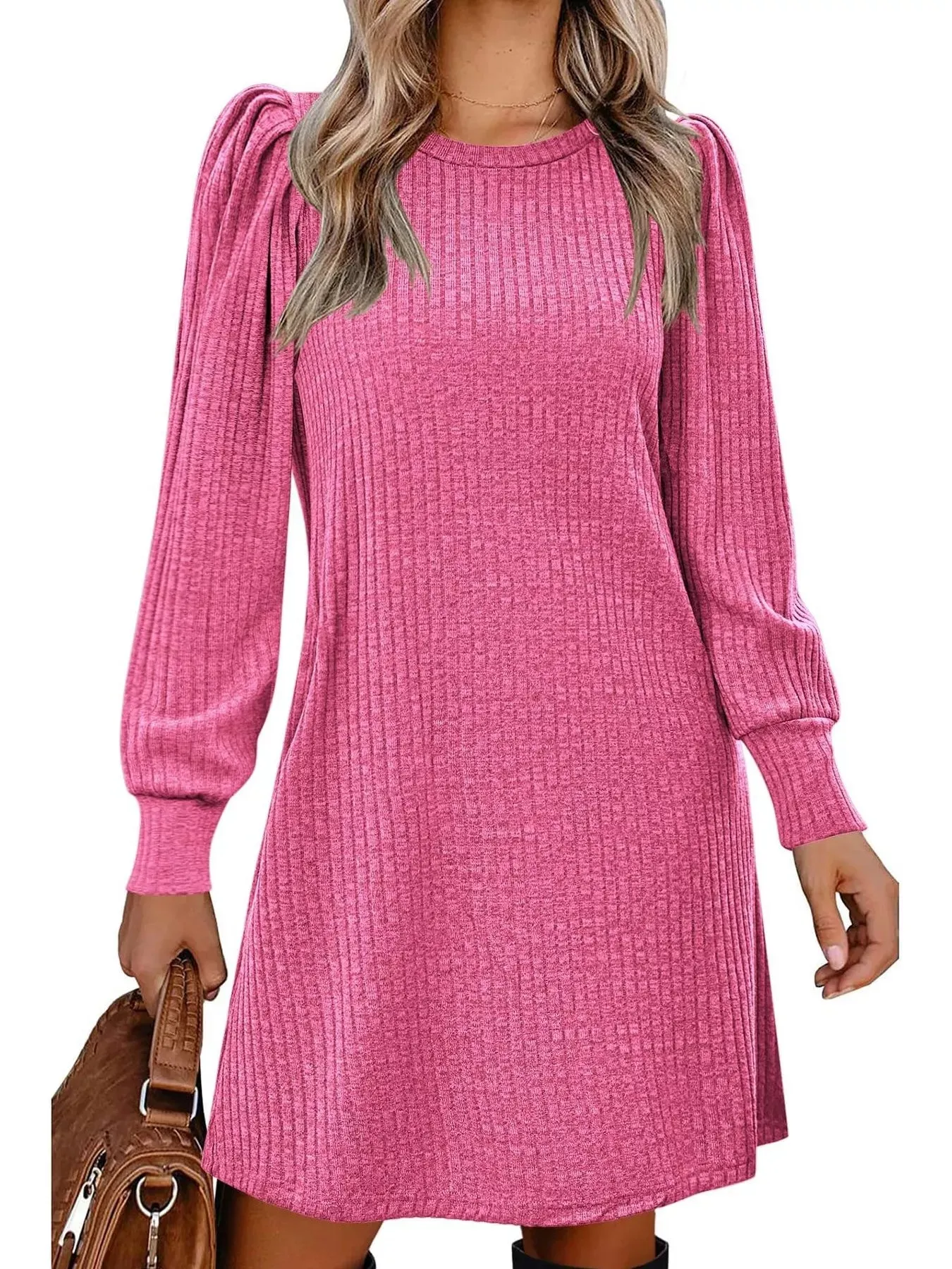 Ribbed Knit Puff Sleeve Casual Mini Dress sold by Charming Charlie product image thumbnail 3