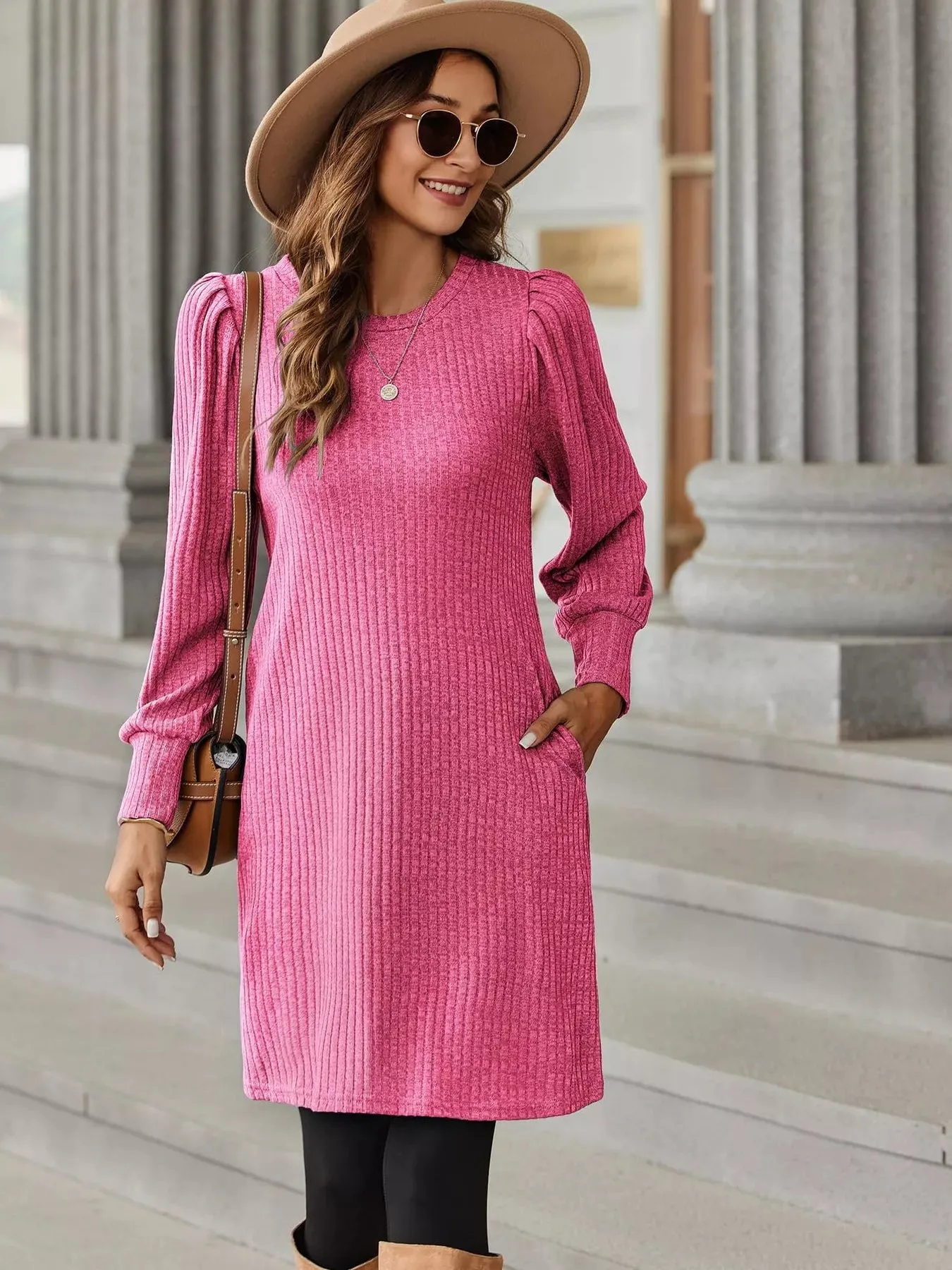 Ribbed Knit Puff Sleeve Casual Mini Dress sold by Charming Charlie