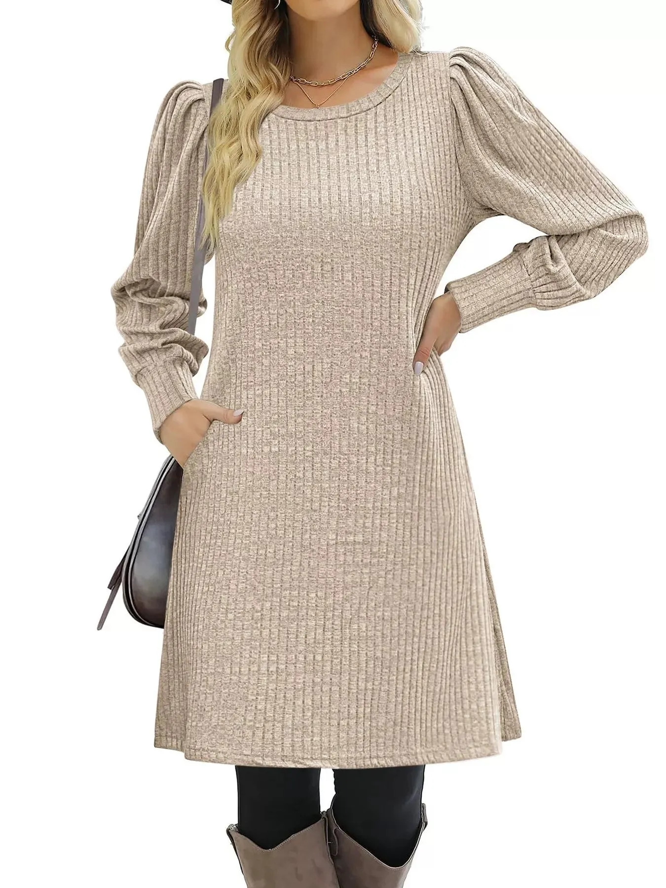 Ribbed Knit Puff Sleeve Casual Mini Dress sold by Charming Charlie product image thumbnail 5