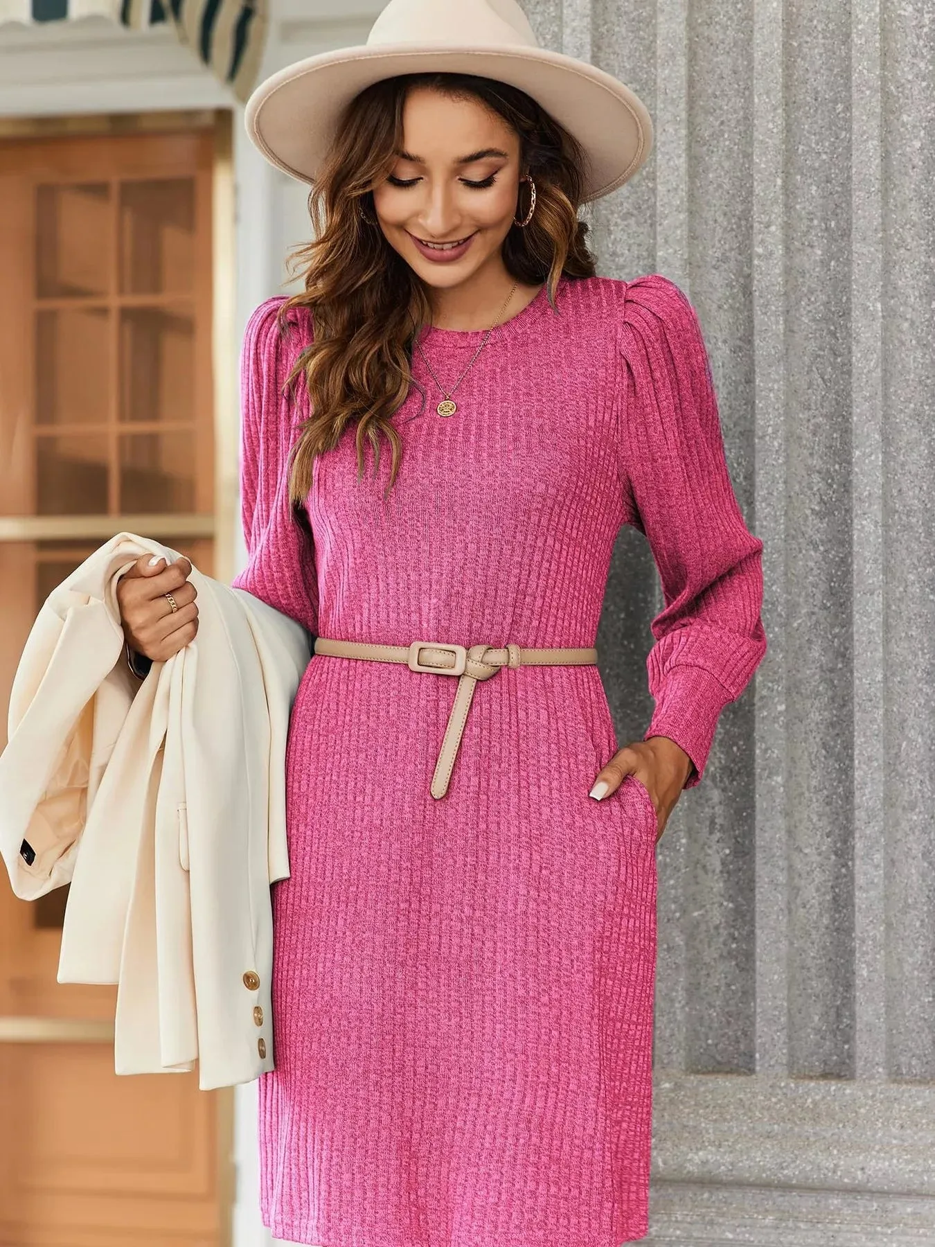 Ribbed Knit Puff Sleeve Casual Mini Dress sold by Charming Charlie product image thumbnail 2