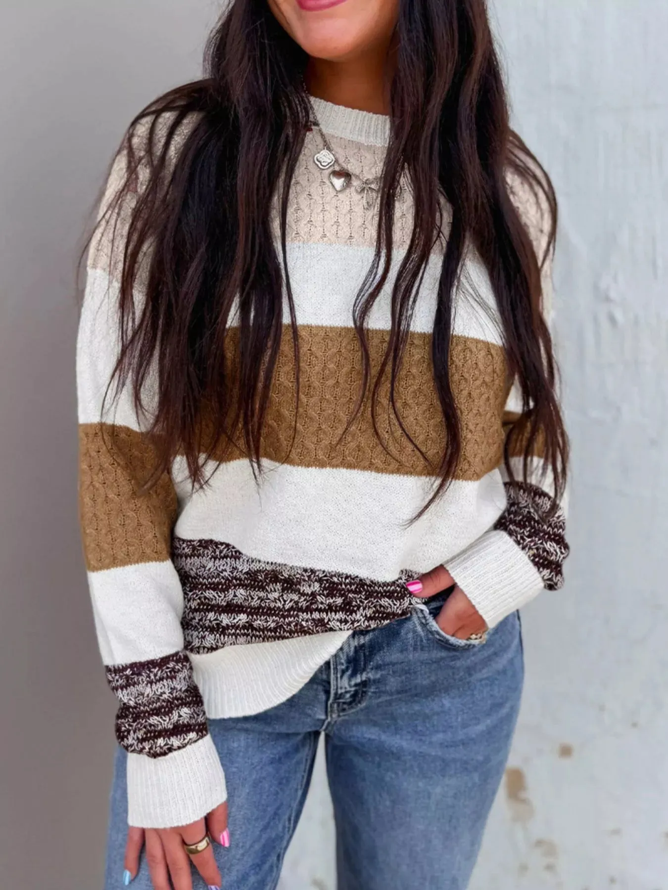 Mixed Texture Knit Striped Color Block Loose Sweater sold by Charming Charlie product image thumbnail 3