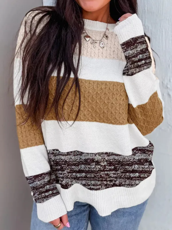 Mixed Texture Knit Striped Color Block Loose Sweater sold by Charming Charlie