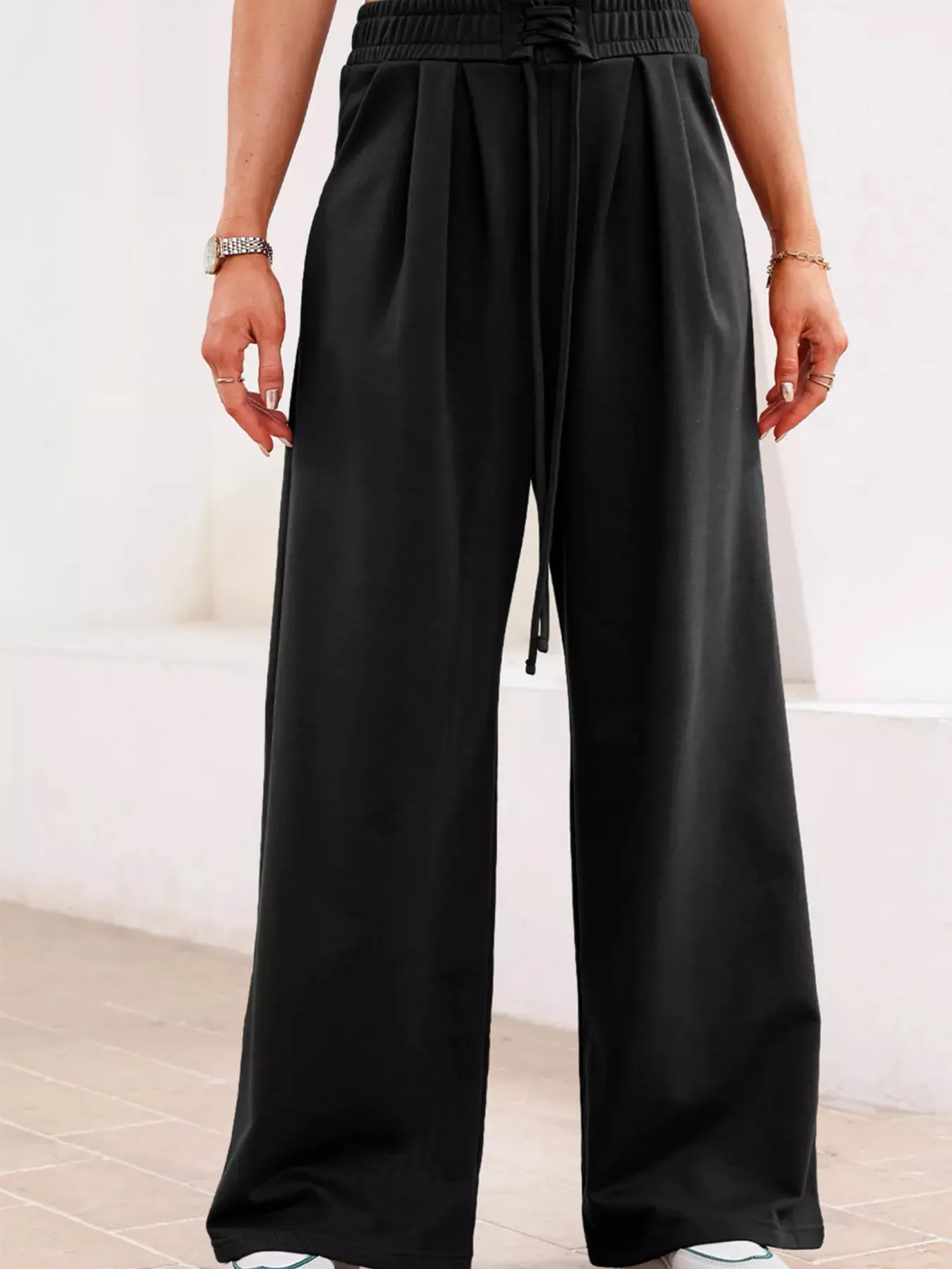 Tied Elastic High Waist Pleated Detail Solid Sweatpants sold by Charming Charlie product image thumbnail 2