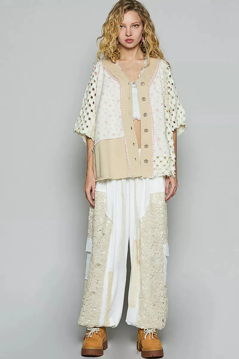 POL Button Down V-Neck Jacket with Printed Woven Patchwork sold by Charming Charlie product image thumbnail 5