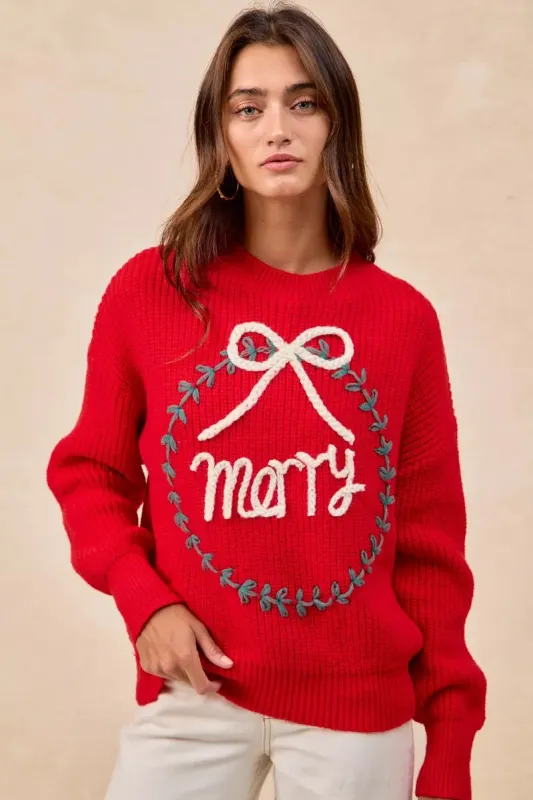 BiBi Christmas Wreath Merry Letter Knit Top sold by Charming Charlie