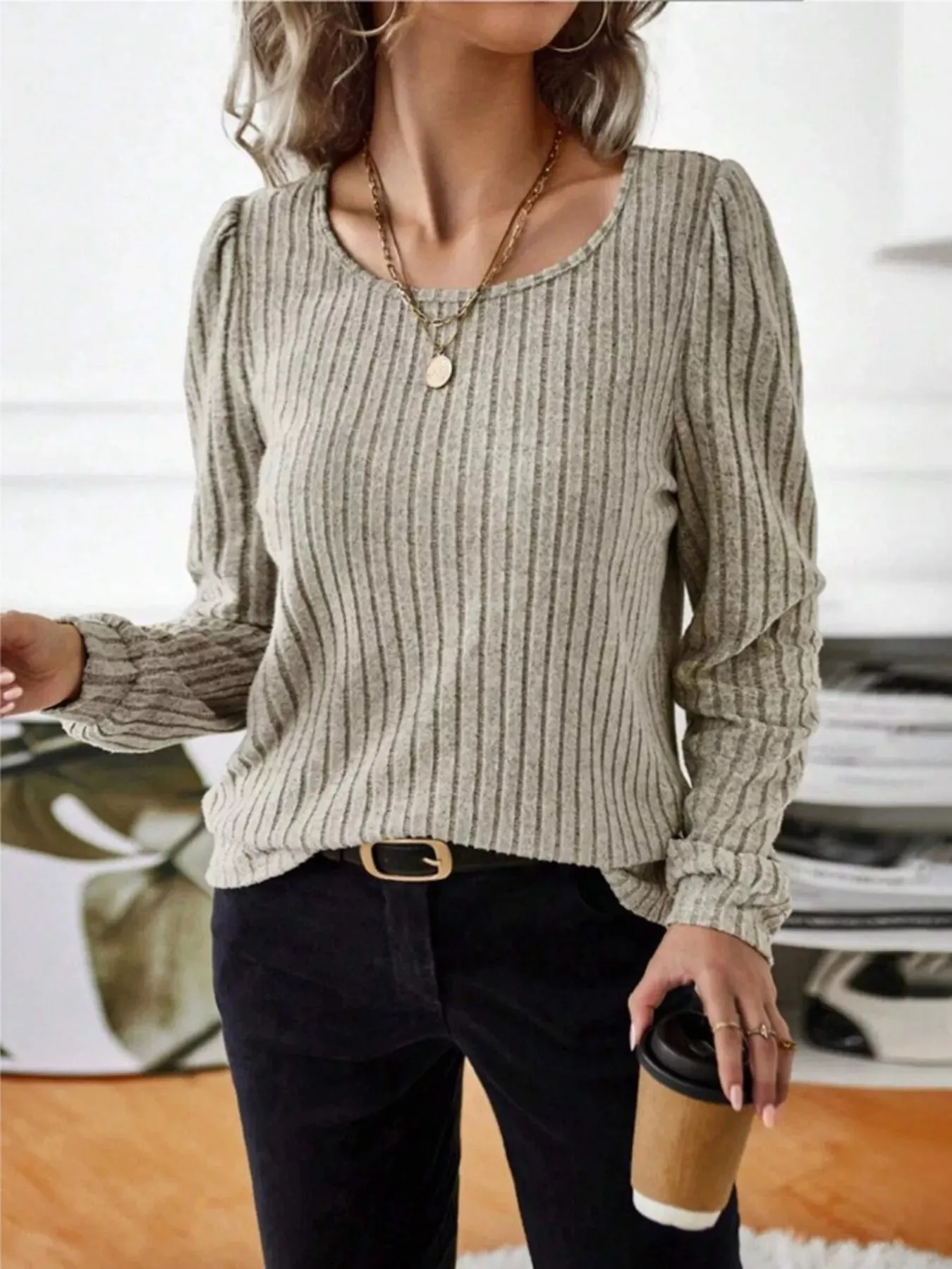 Ribbed Knit Long Sleeve T-Shirt sold by Charming Charlie product image thumbnail 4