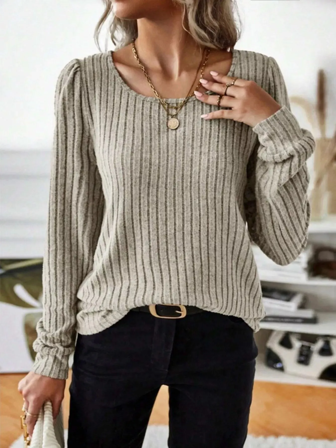 Ribbed Knit Long Sleeve T-Shirt sold by Charming Charlie