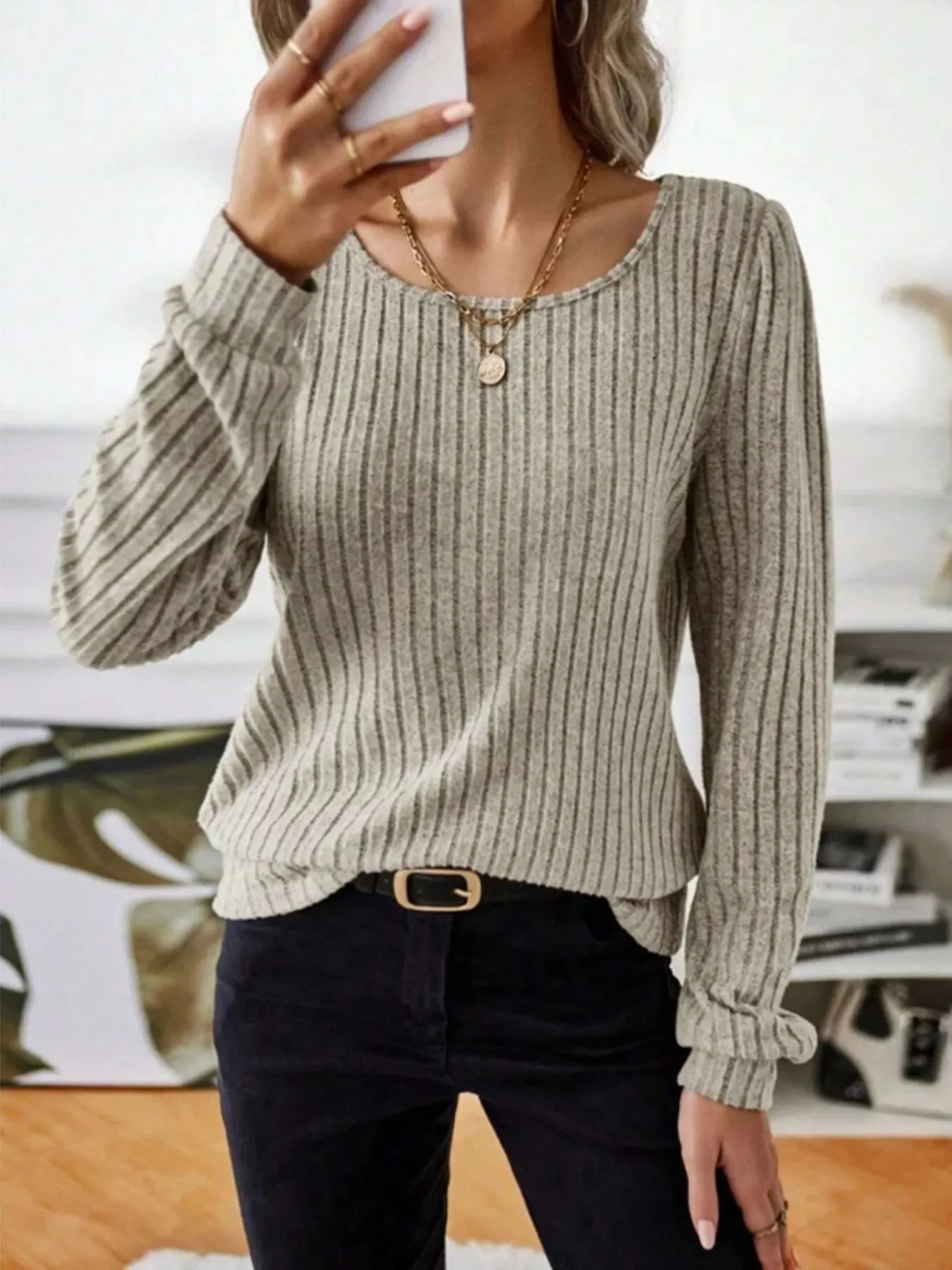 Ribbed Knit Long Sleeve T-Shirt sold by Charming Charlie product image thumbnail 5