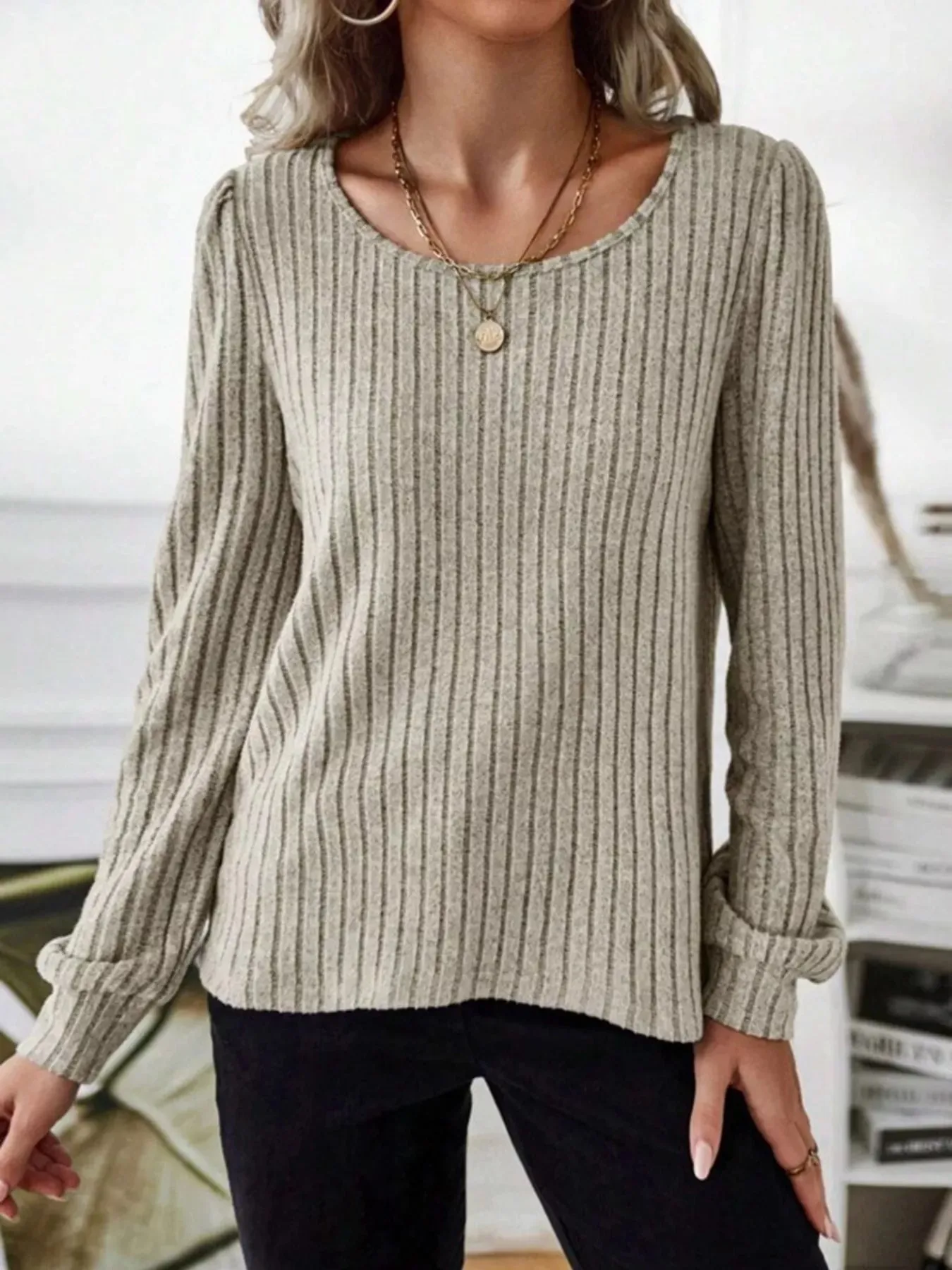 Ribbed Knit Long Sleeve T-Shirt sold by Charming Charlie product image thumbnail 2