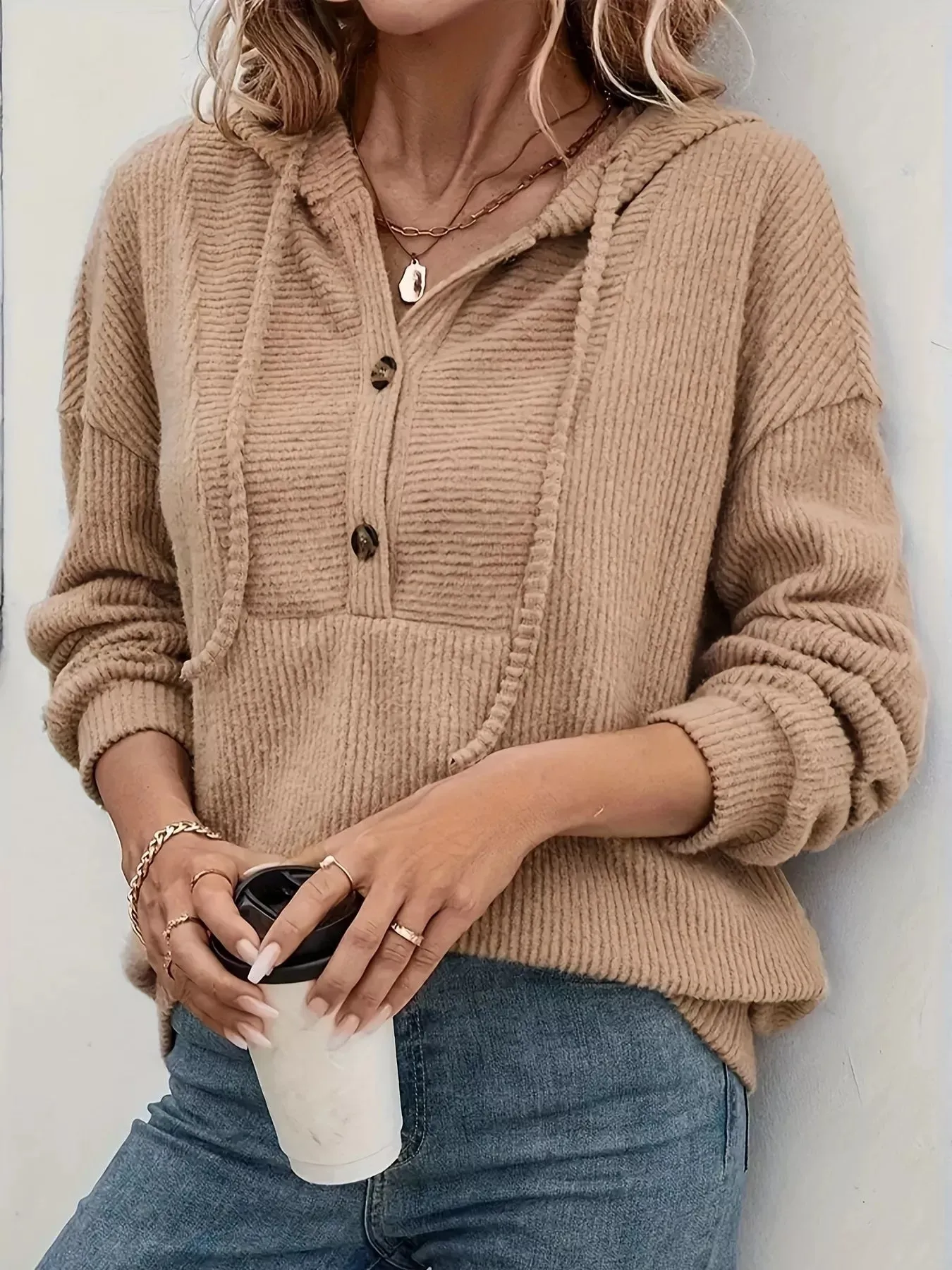 Button-Front Drawstring Hoodie sold by Charming Charlie product image thumbnail 4