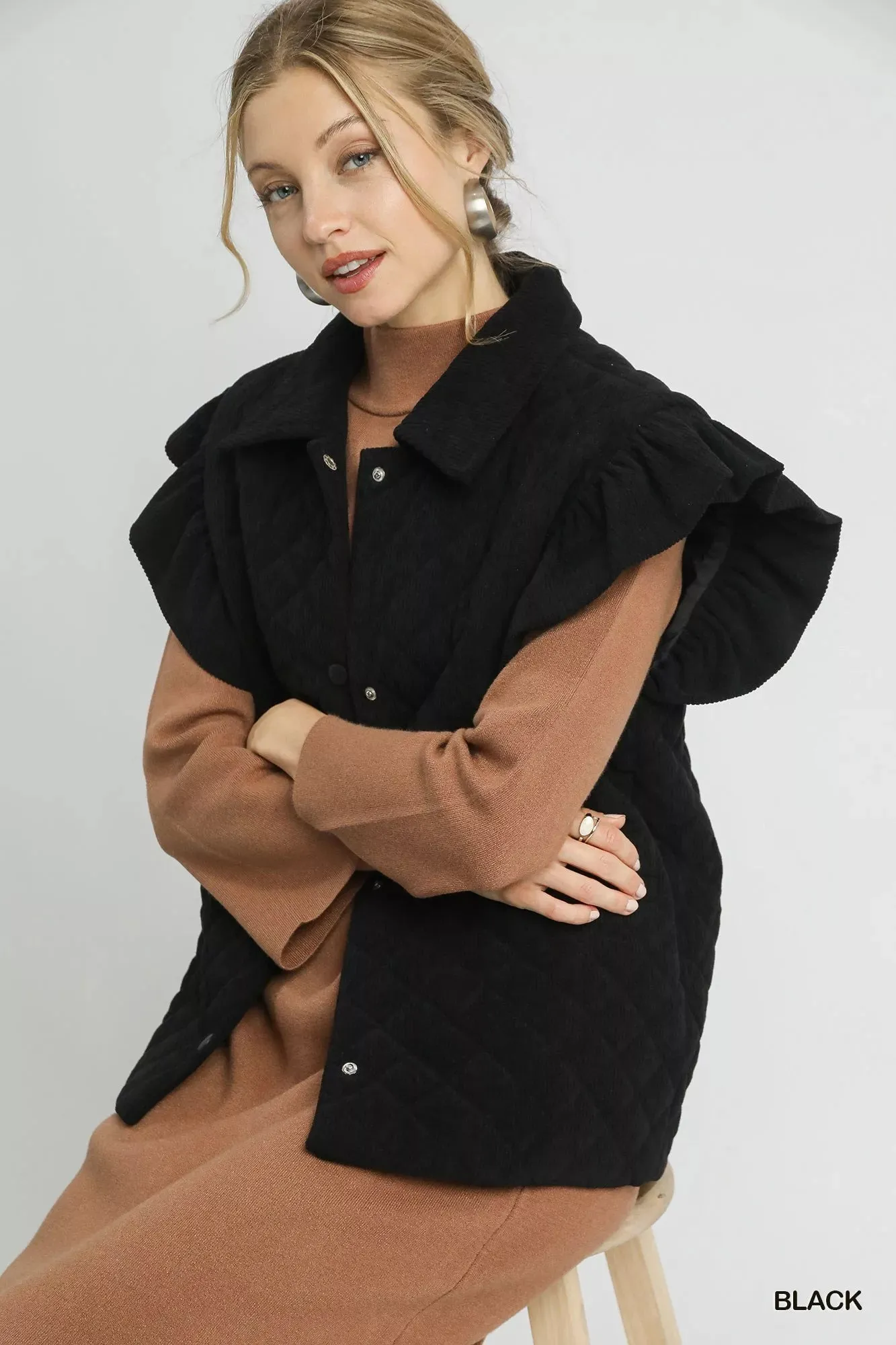 Umgee Corduroy Quilted Ruffle Sleeve Vest sold by Charming Charlie product image thumbnail 4