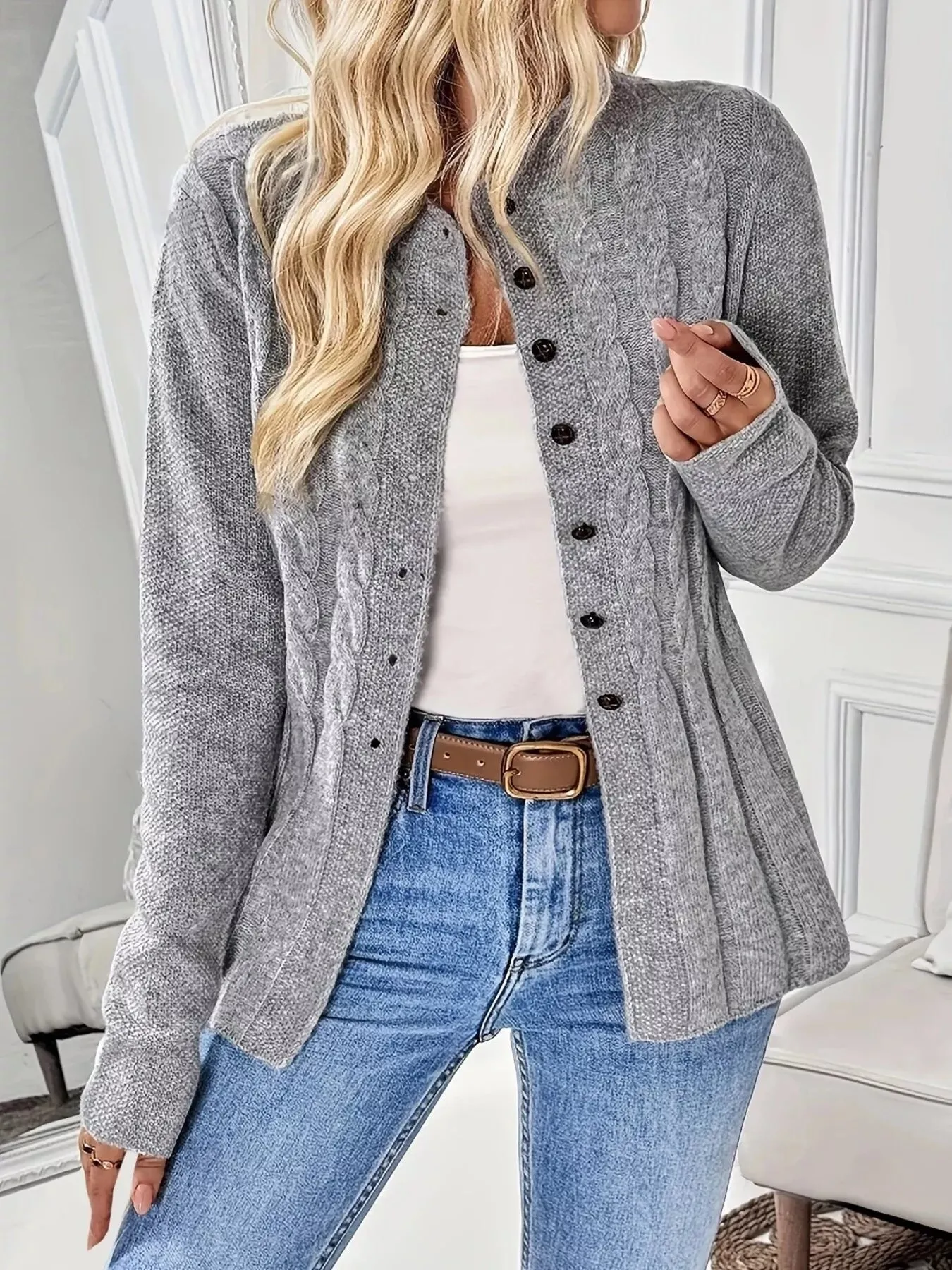 Cable Knit Button Up Cardigan sold by Charming Charlie product image thumbnail 2