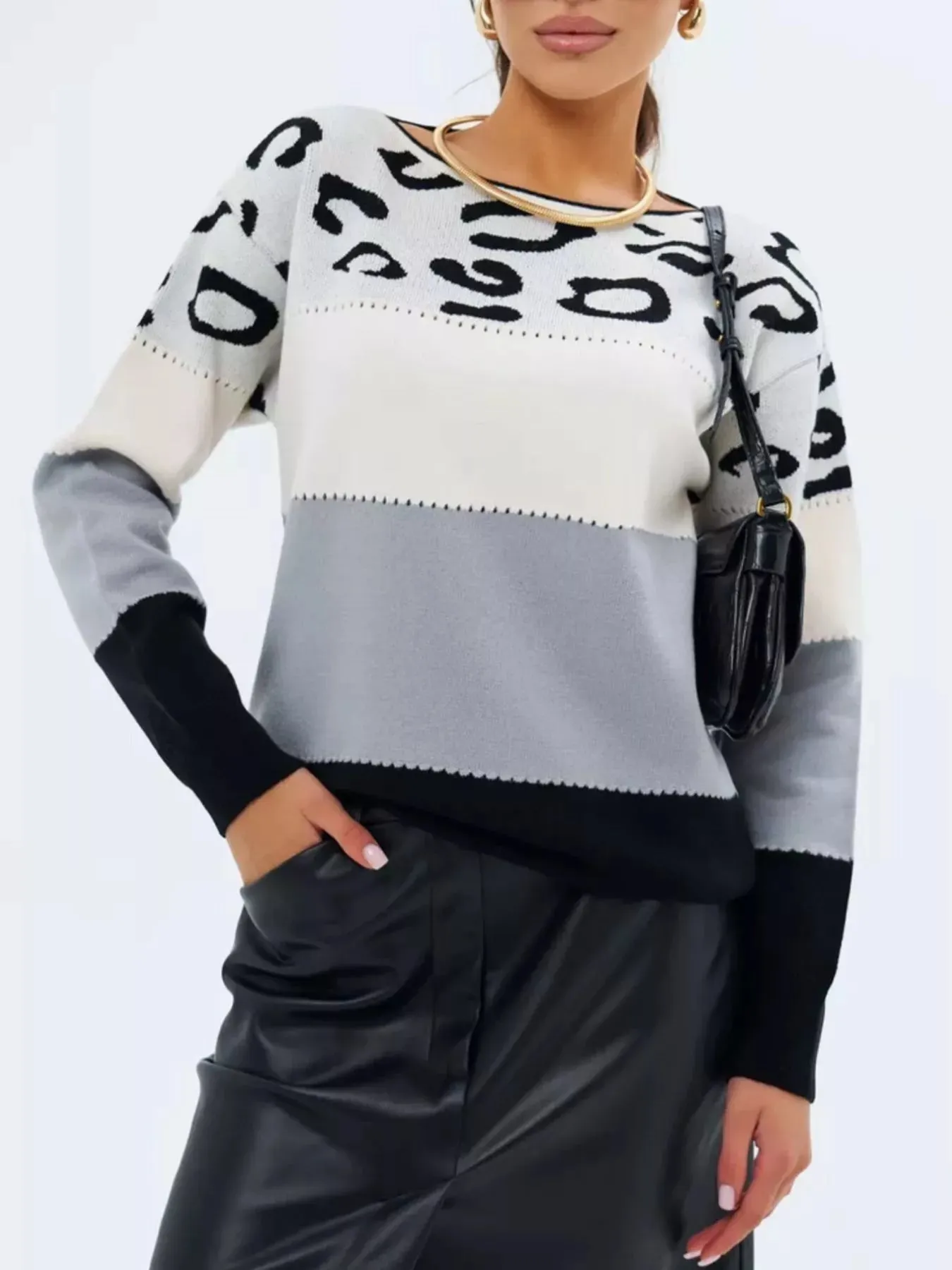 Full Size Leopard Color Block Long Sleeve Sweater Plus Size sold by Charming Charlie product image thumbnail 4