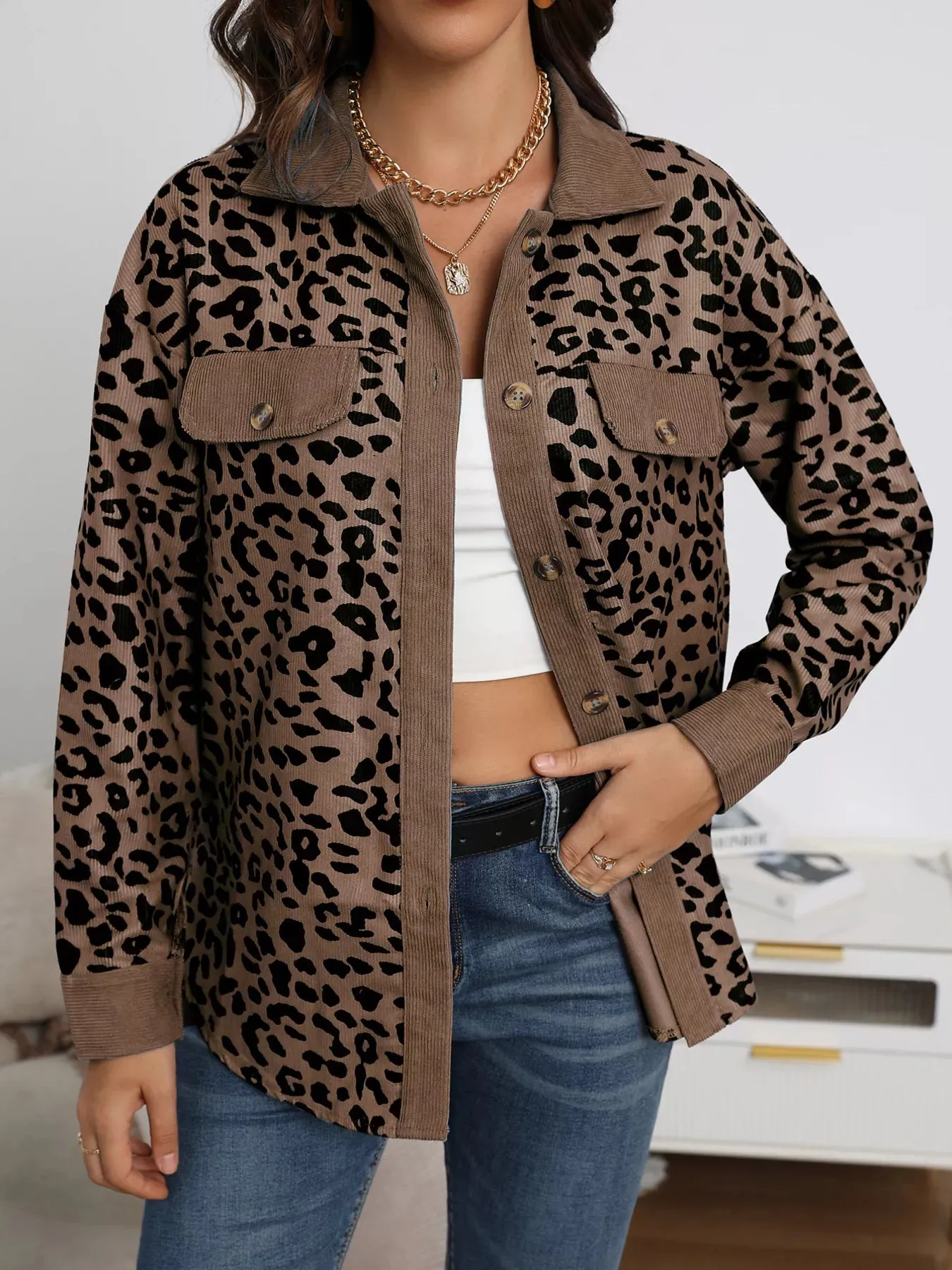 Full Size Leopard Print Button-Down Jacket Plus Size sold by Charming Charlie product image thumbnail 4