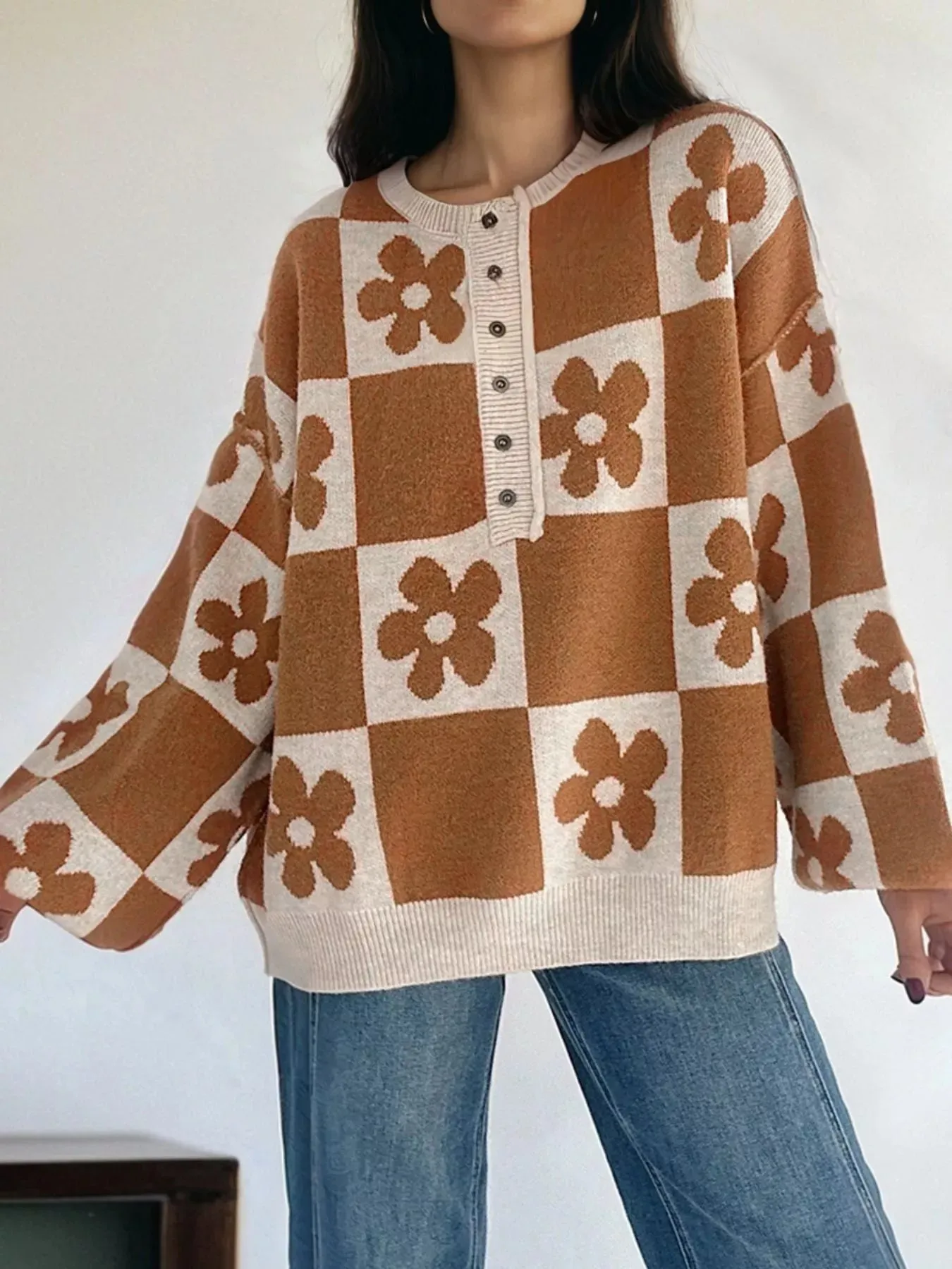 Flower Plaid Henley Baggy Sweater sold by Charming Charlie product image thumbnail 2