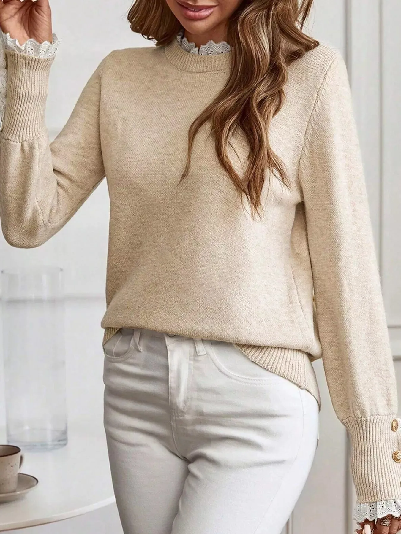 Lace Trim Button Cuff Long Sleeve Sweater sold by Charming Charlie product image thumbnail 2