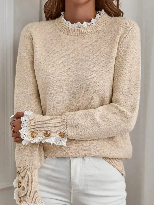 Lace Trim Button Cuff Long Sleeve Sweater sold by Charming Charlie