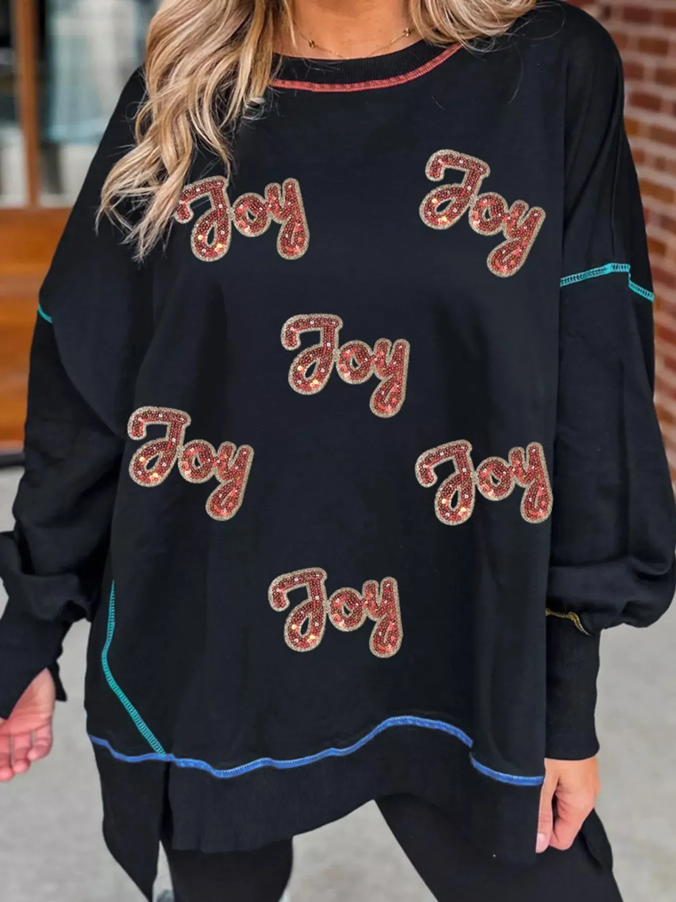 Sequin Joy Letter Graphic Contrast Seam Detail Drop Shoulder Sweatshirt sold by Charming Charlie product image thumbnail 4