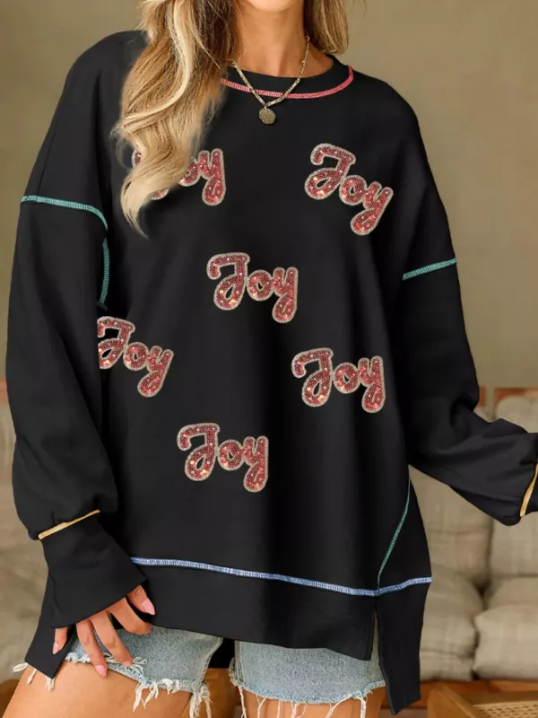 Sequin Joy Letter Graphic Contrast Seam Detail Drop Shoulder Sweatshirt sold by Charming Charlie